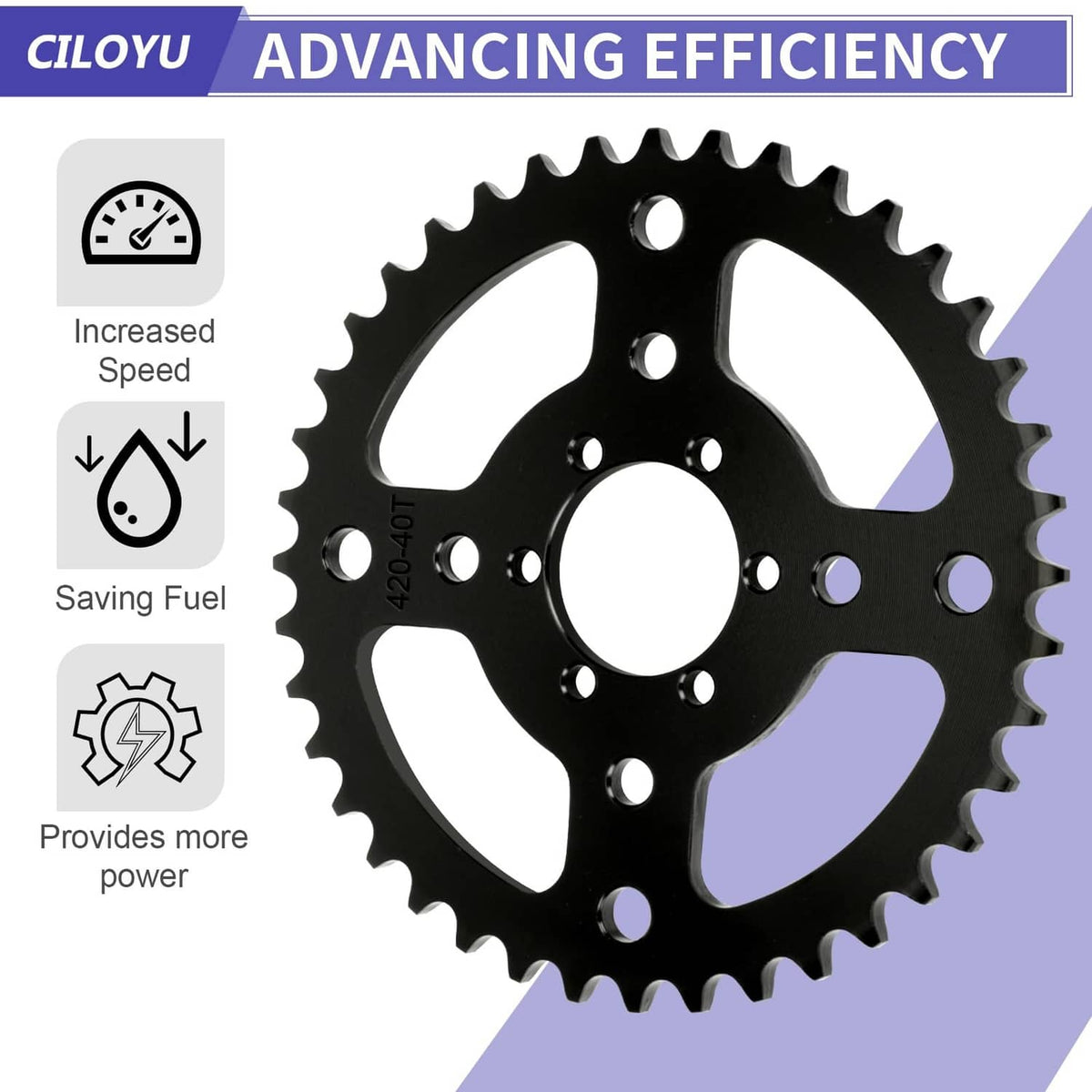 Black 40T 420 chain sprocket highlighting efficiency benefits on product graphic