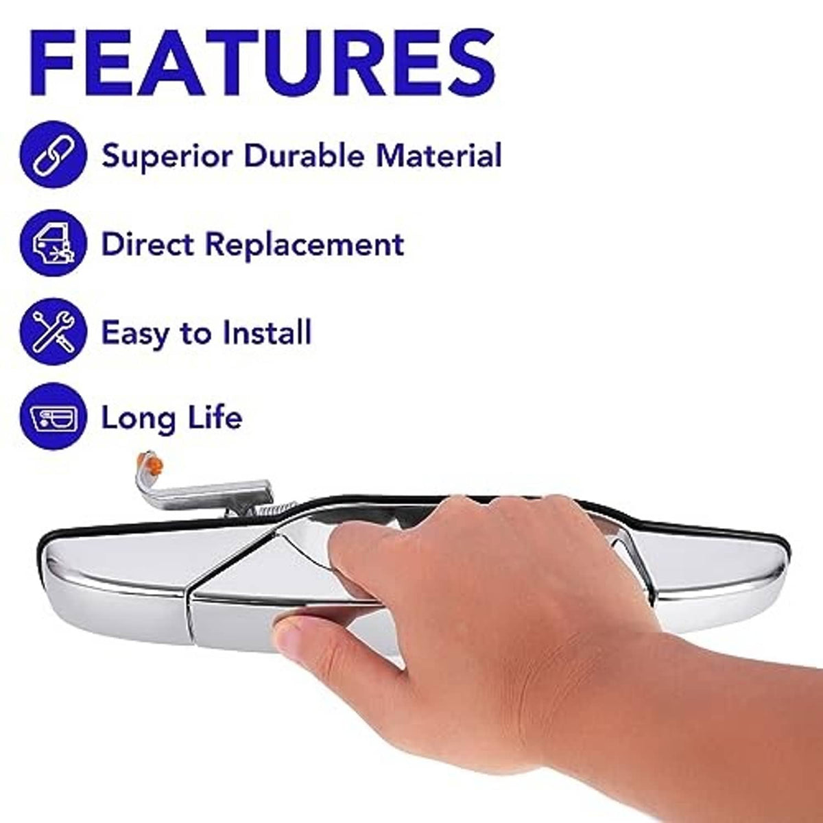 Chrome exterior door handle held in hand with smooth curved grip