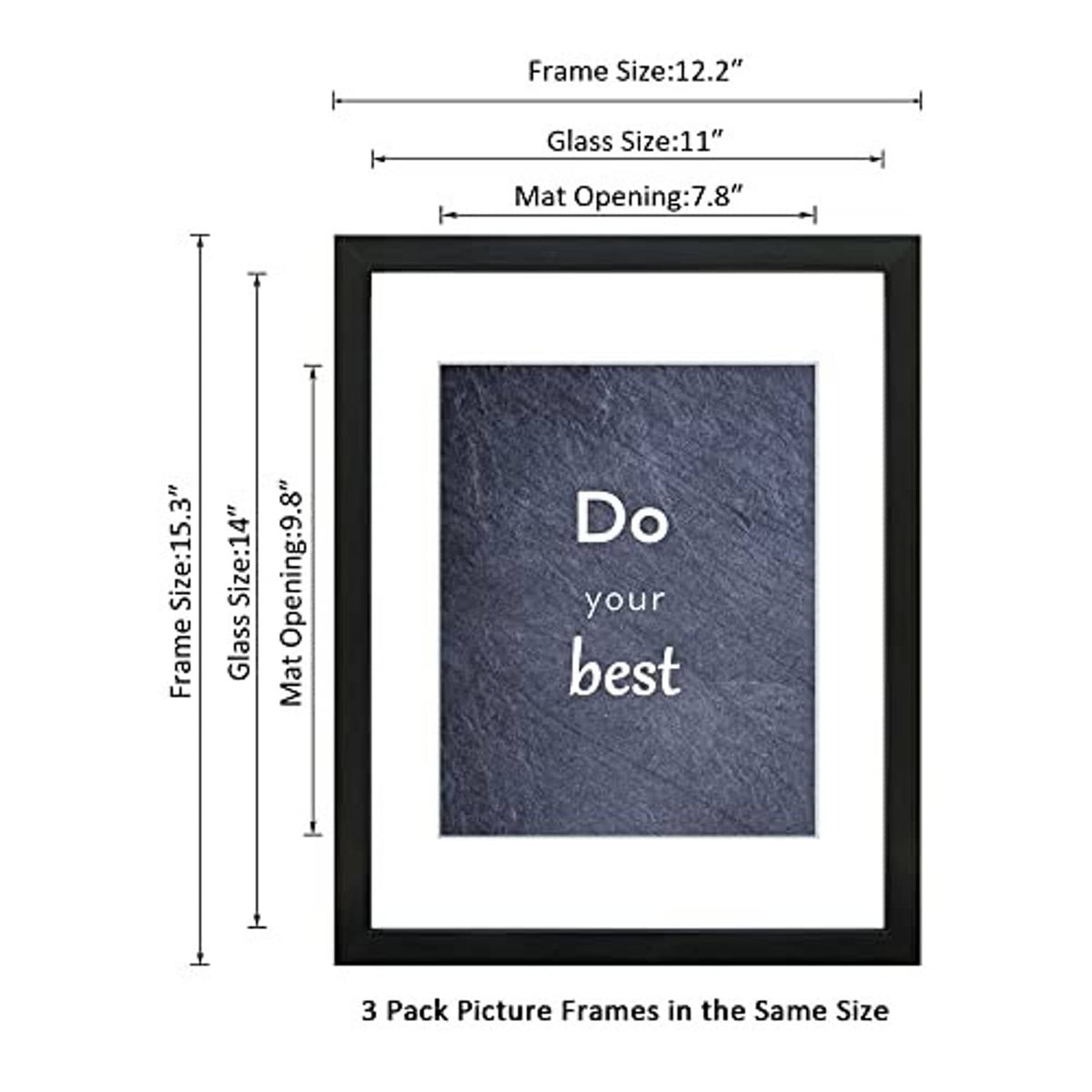 Black 11x14 picture frame set of 3 showing real glass and mat opening sizes