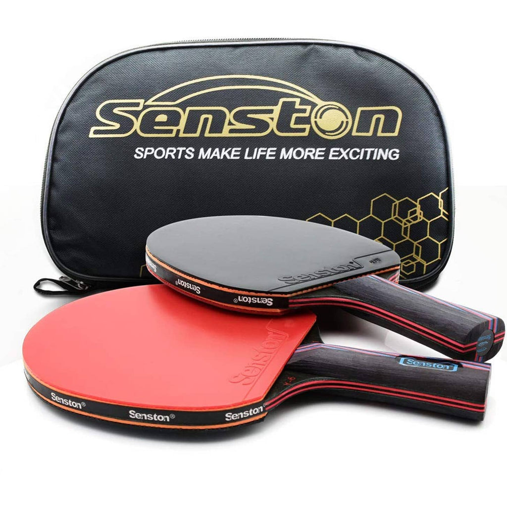 Table tennis paddle set with dark case and red-and-black paddles
