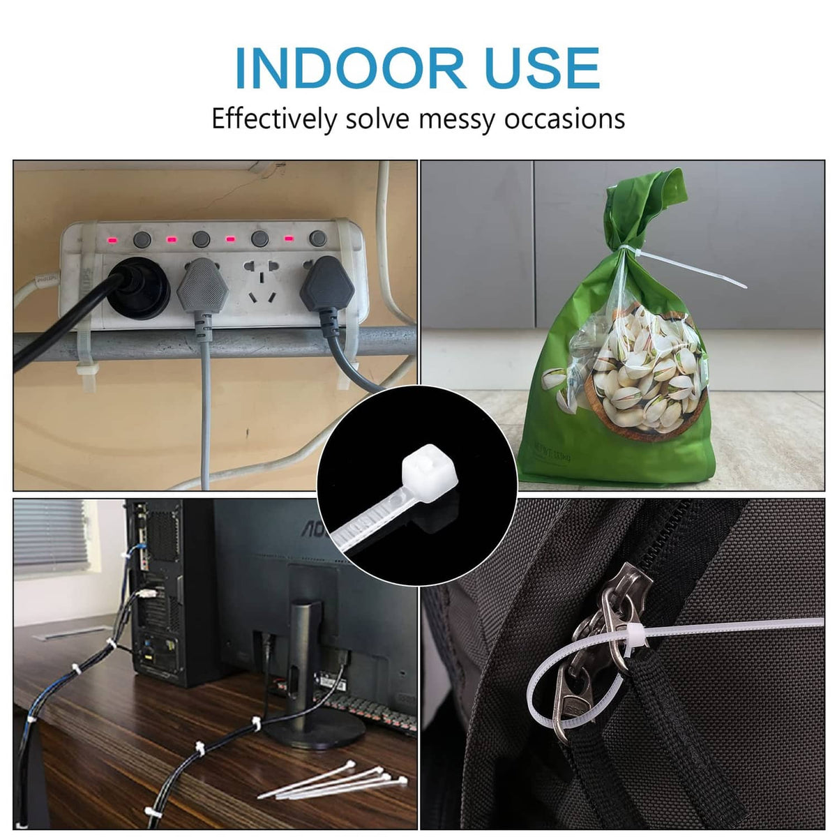 White cable ties securing cables in an indoor device