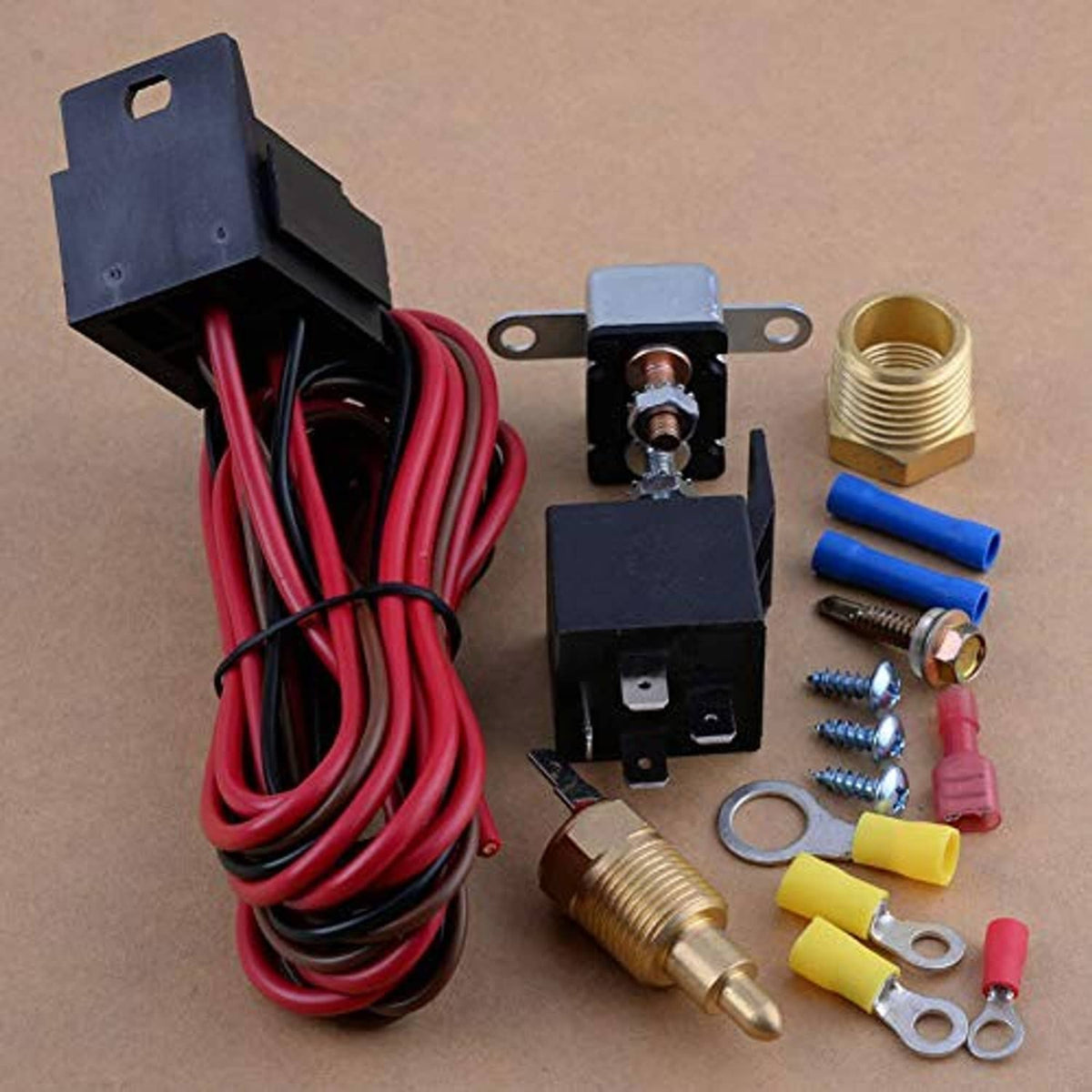Electric cooling fan thermostat kit with wire harness, brass sensor, and connectors
