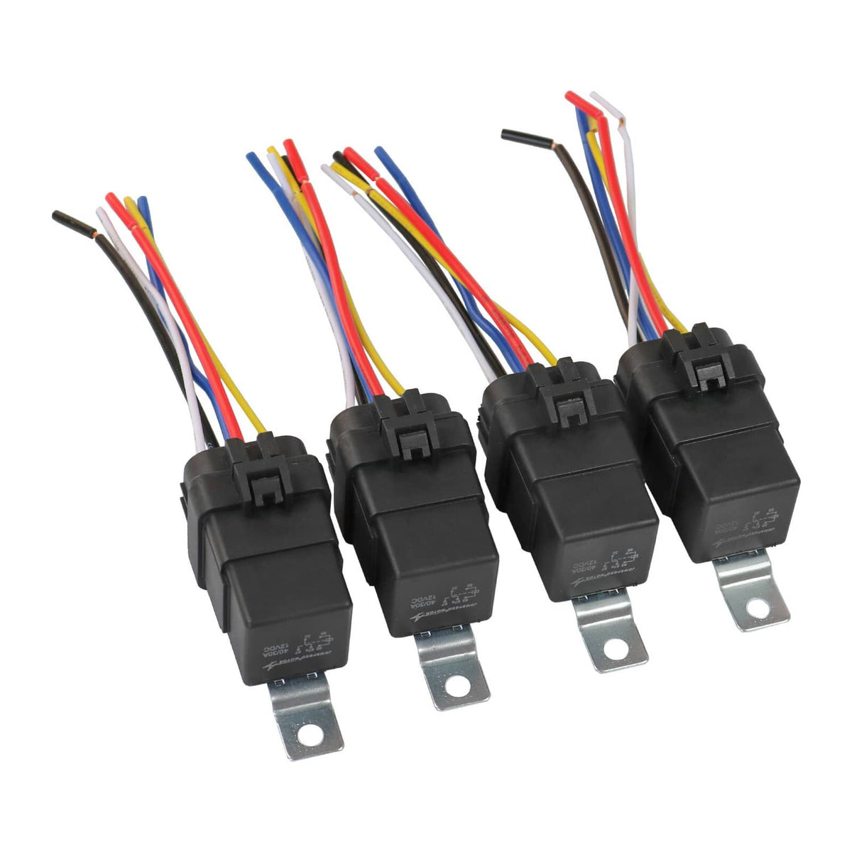 5-pin waterproof relay socket harness with four black connectors and colored wire pigtails