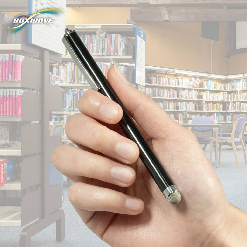 Hand holding jet-black capacitive stylus with metal tip