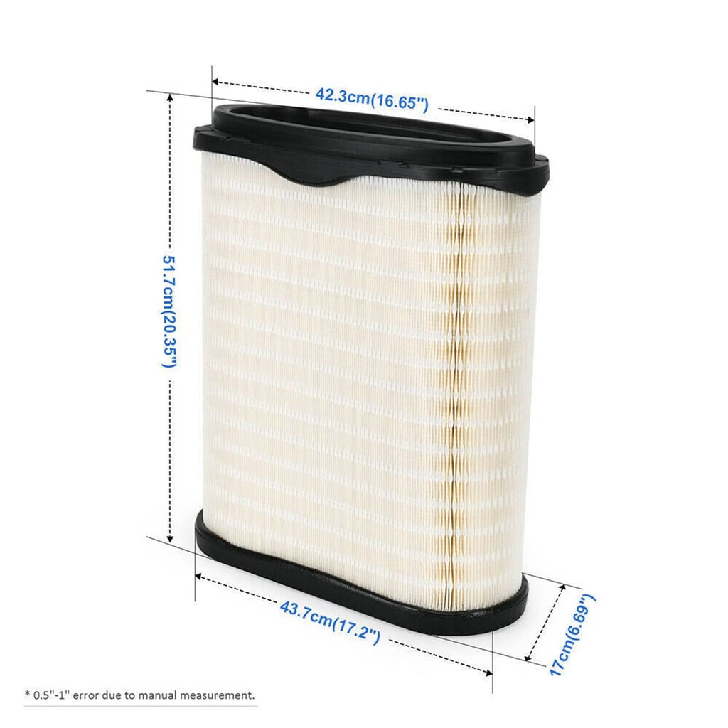Engine air filter cartridge with white pleated media, black top ring, and rectangular dimensions