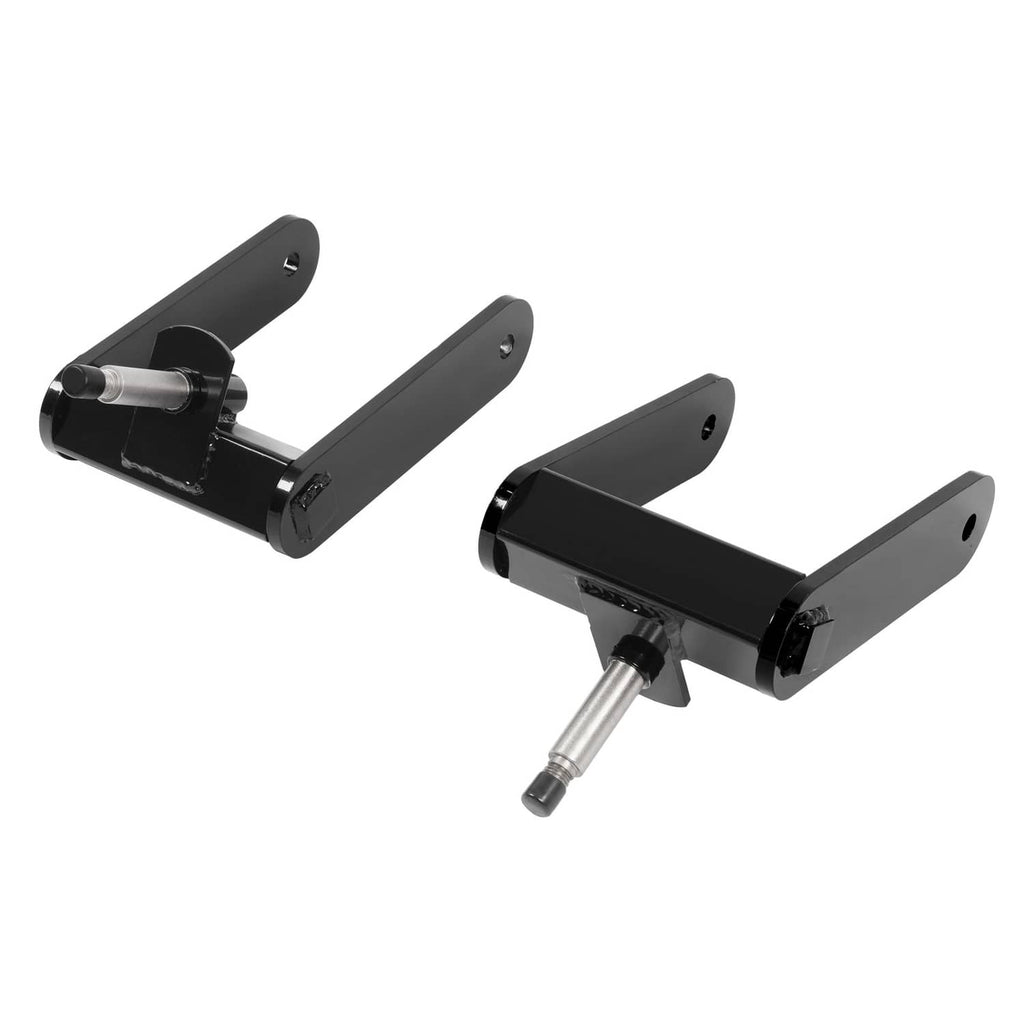 Two black mower fork brackets with silver shafts and end mounting holes