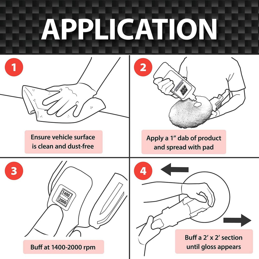 Auto paint restoration application steps diagram with bottle dispensing onto pad