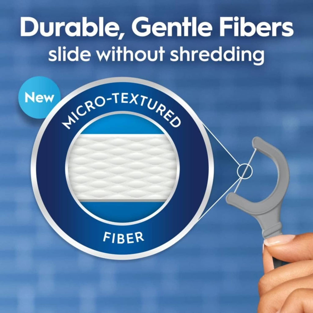 Grey floss pick with micro-textured fiber tip for gentle, shreds-free sliding