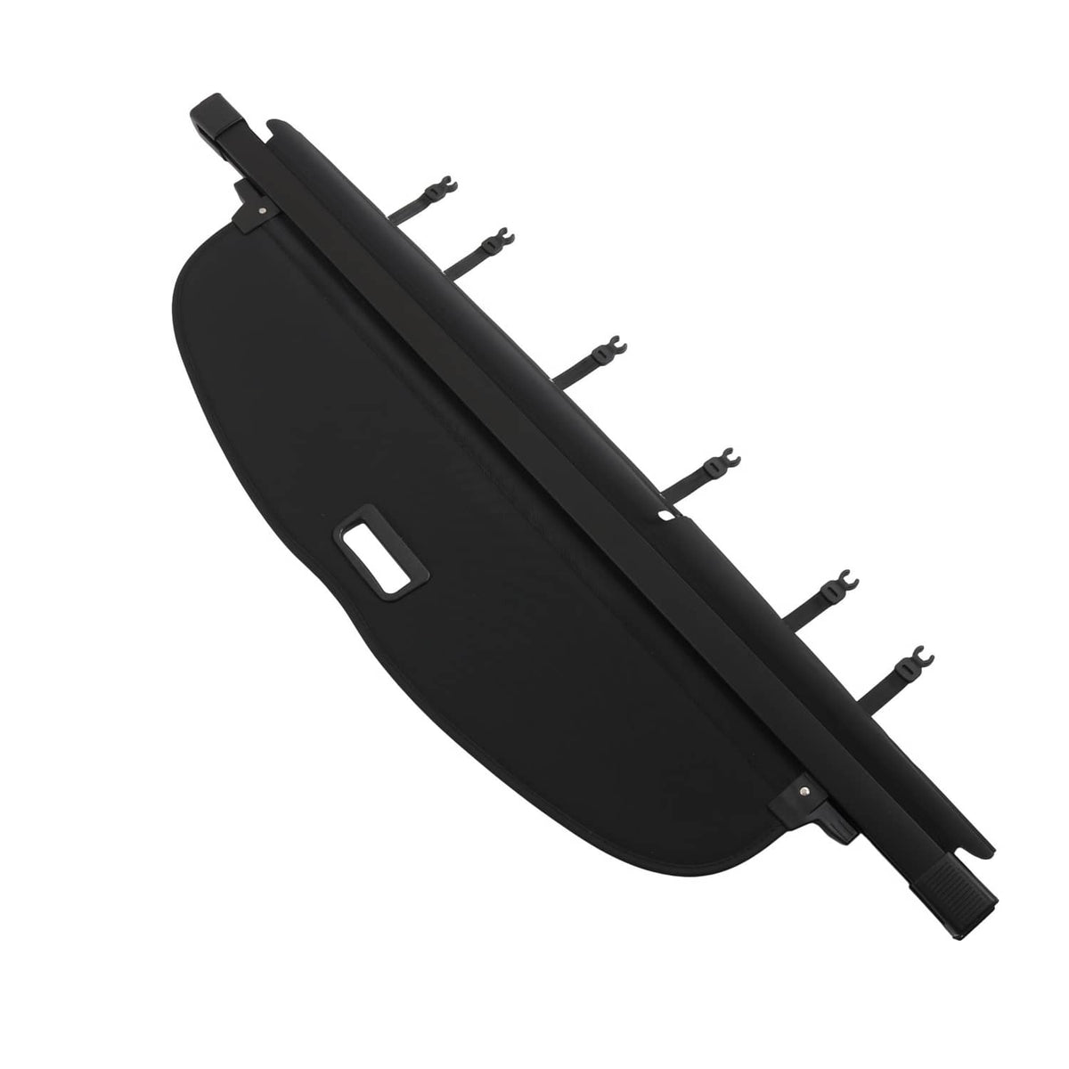 Black trunk cargo cover shade angled view with edge frame and peg mounts