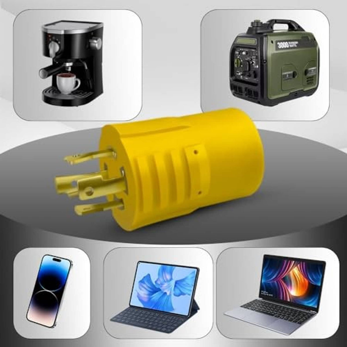 NEMA locking adapter plug with generator display and outlet icons, yellow housing