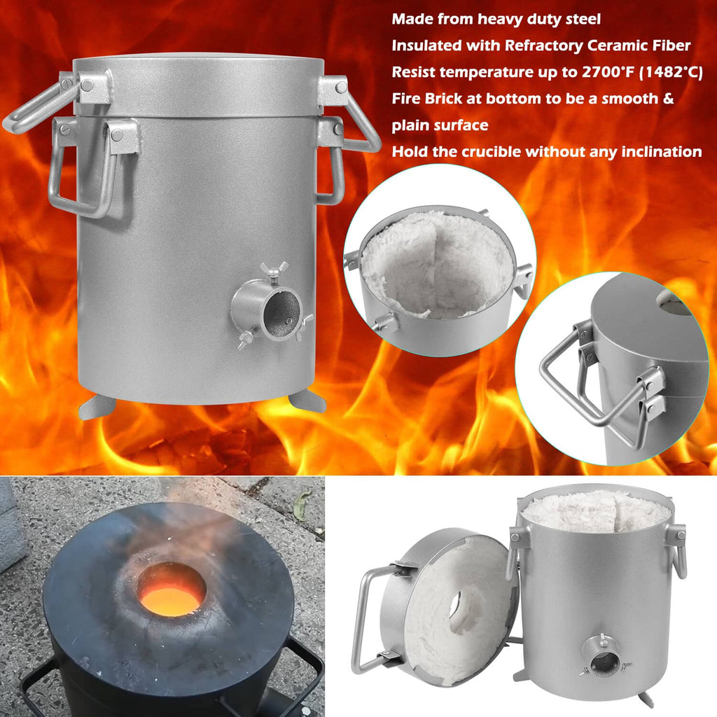 Propane furnace with heavy-duty metal crucible body, detachable lid, and insulation lining