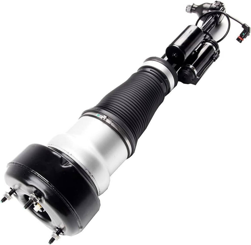 Front right air suspension strut with black reservoir, silver sleeve, and ribbed air spring