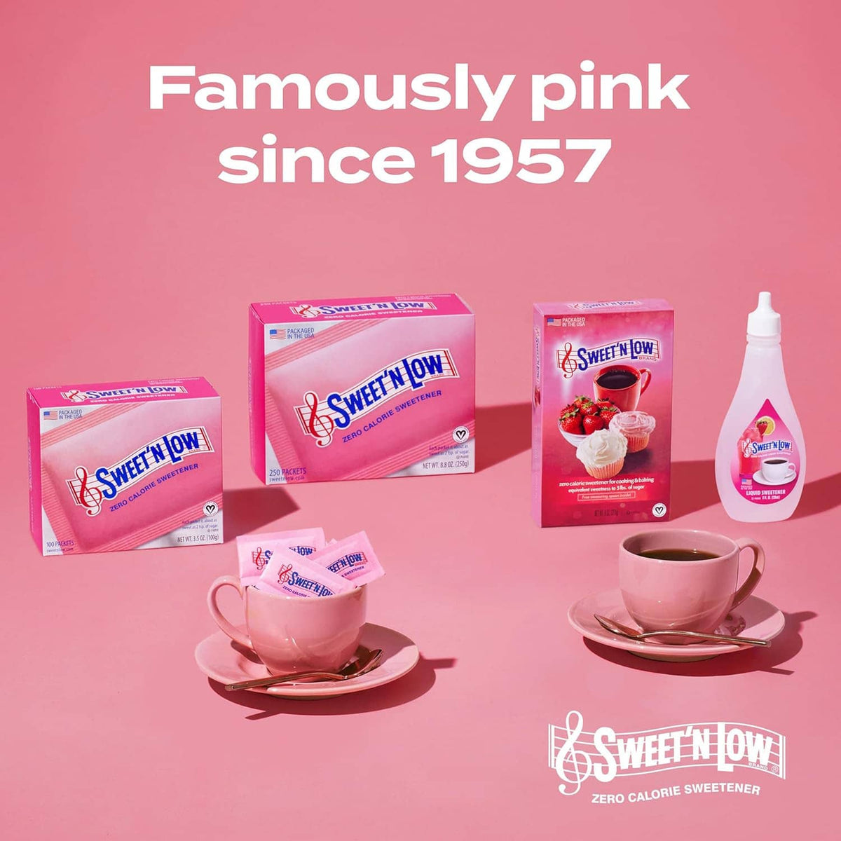 Pink-themed Sweet 'n Low lineup: boxes, sachets, liquid bottle, and coffee cups