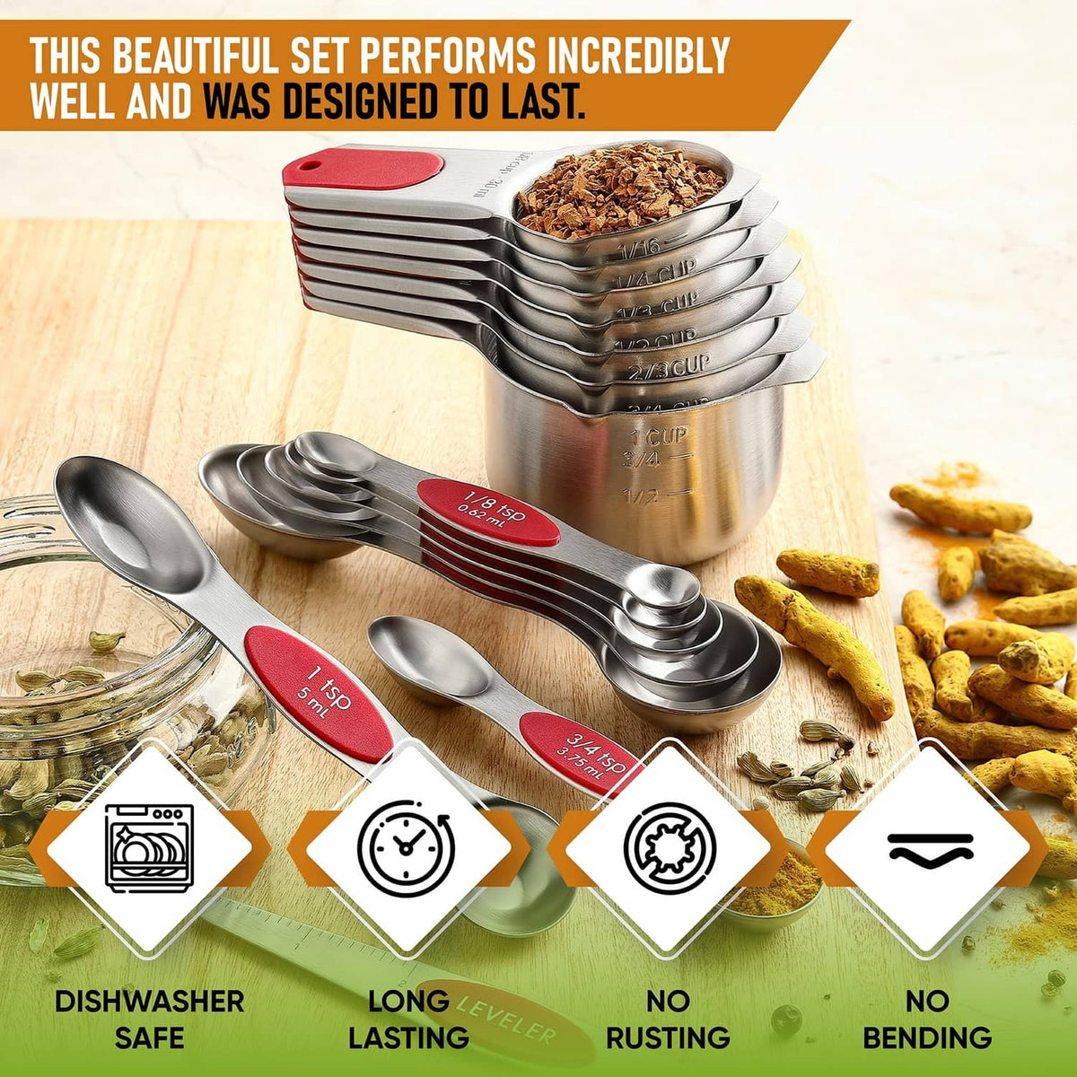 Stacked magnetic measuring cups and spoons set, stainless cups with red accents
