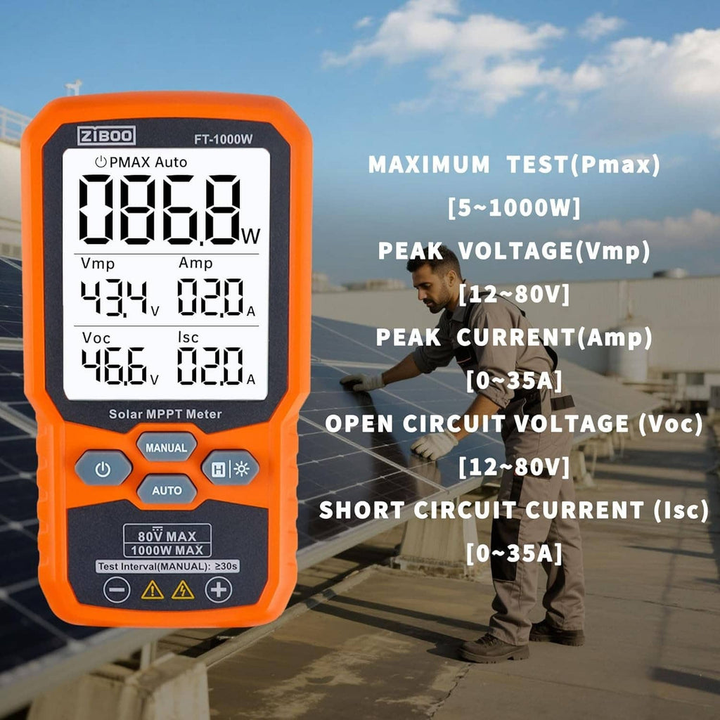Orange solar MPPT tester with LCD voltage and current readings and control panel.