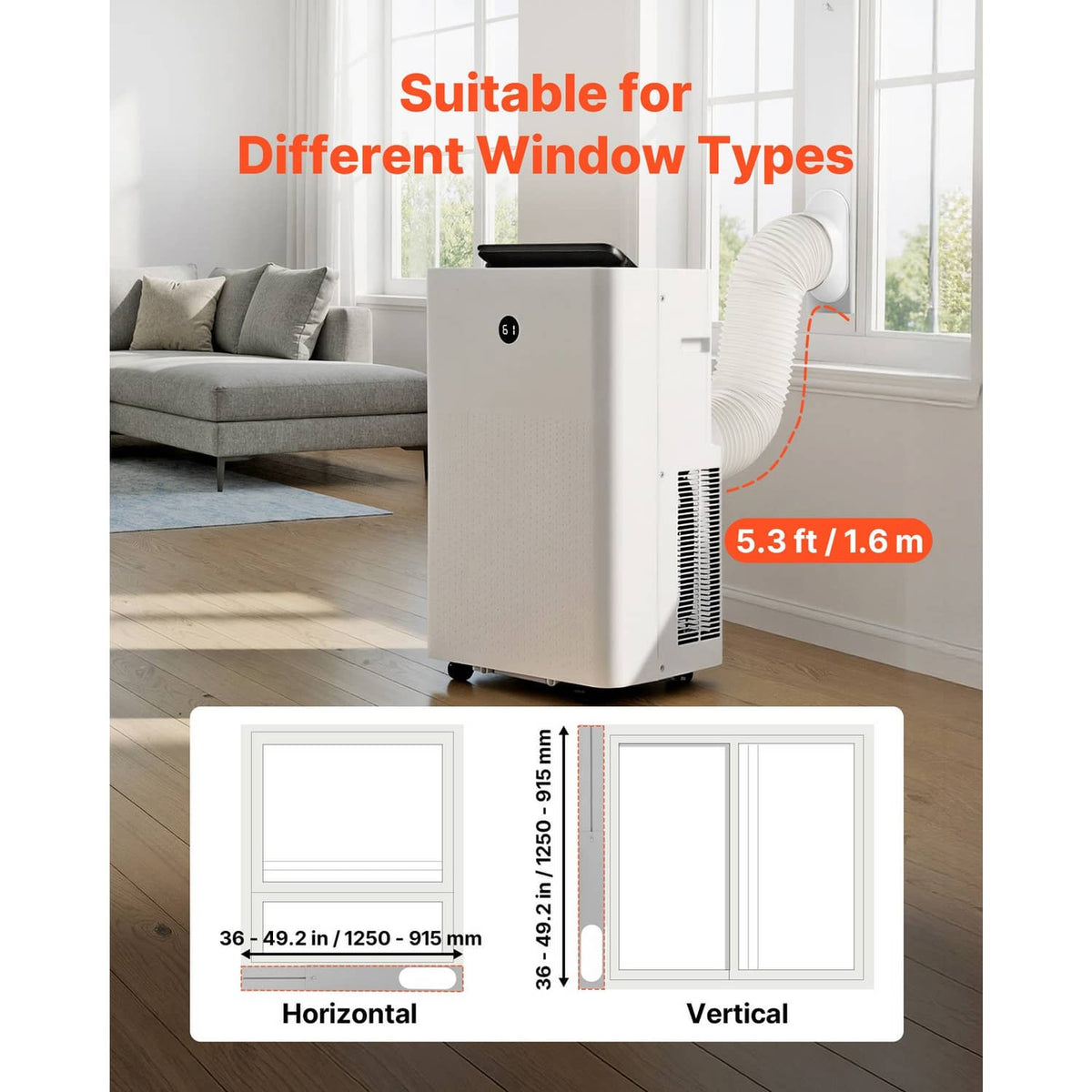 Portable air conditioner heater combo, white unit with window-ready exhaust hose connection