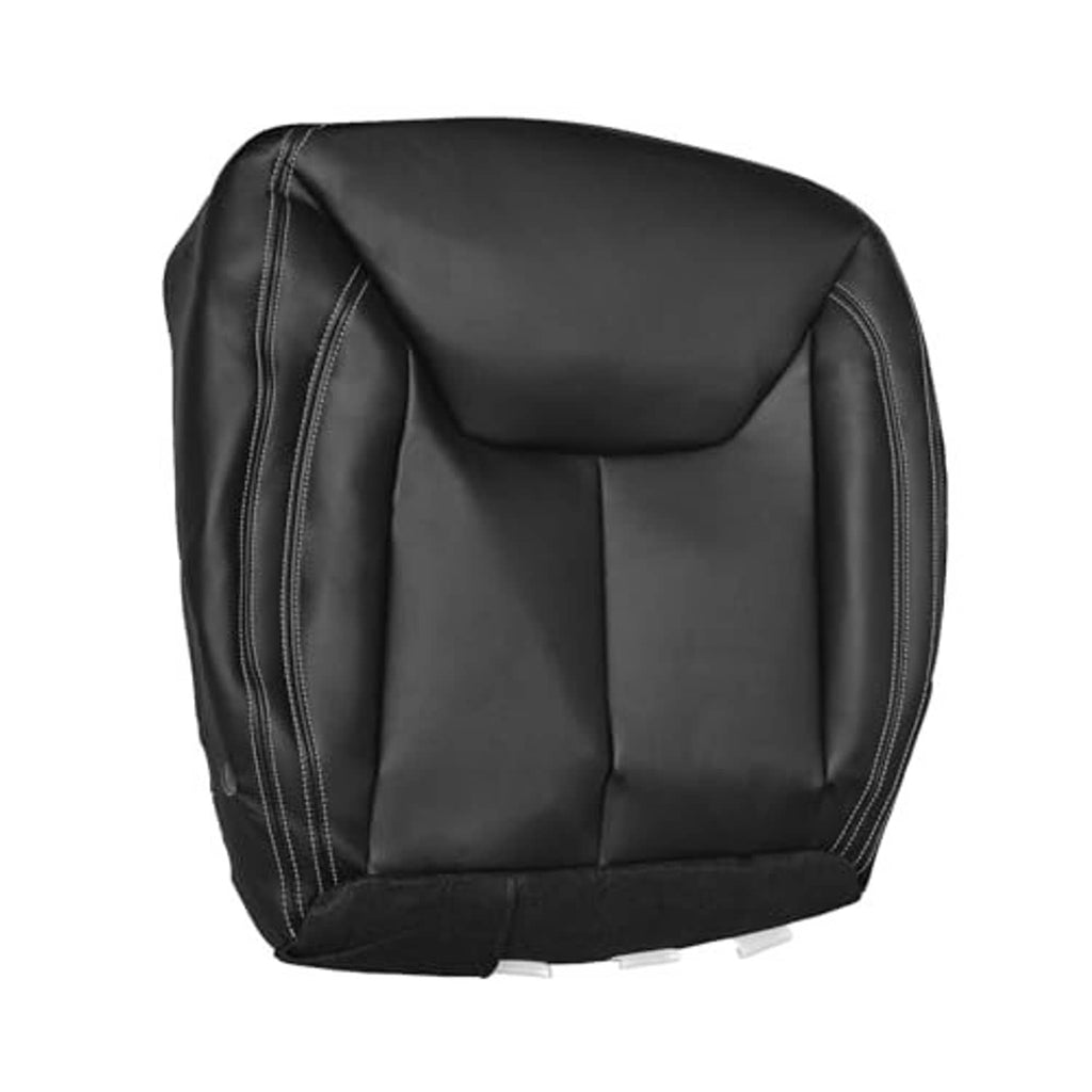 Black leather seat cover with raised side bolsters and double-stitched trim lines