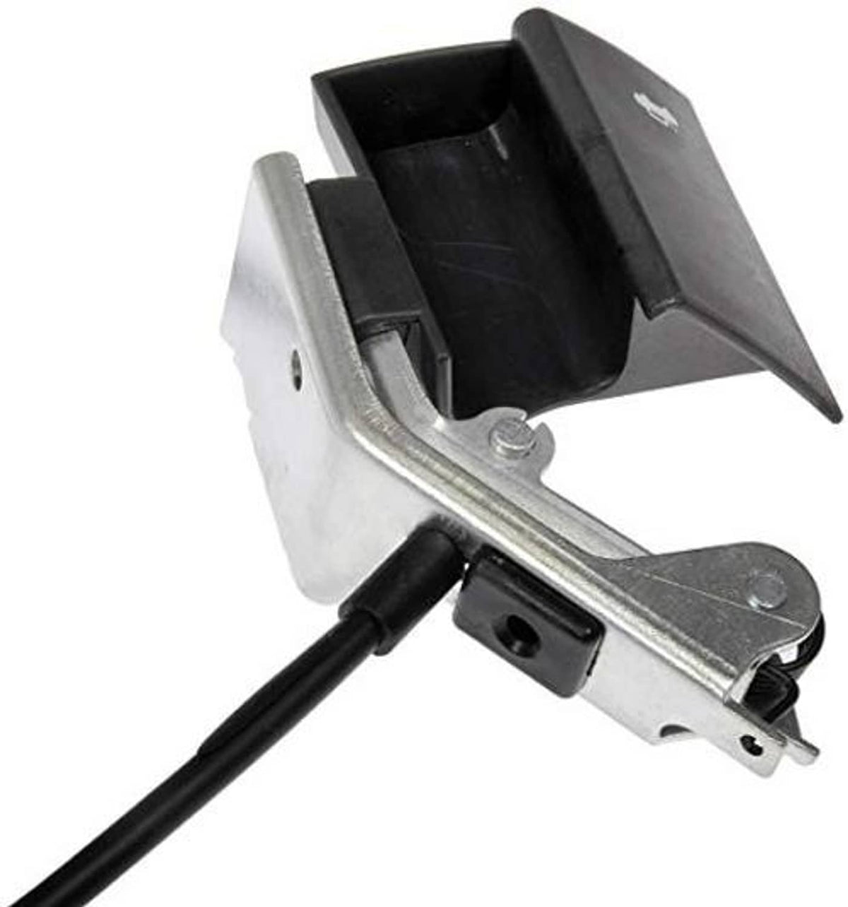 Hood release cable latch bracket with black insulator and metal mounting plate