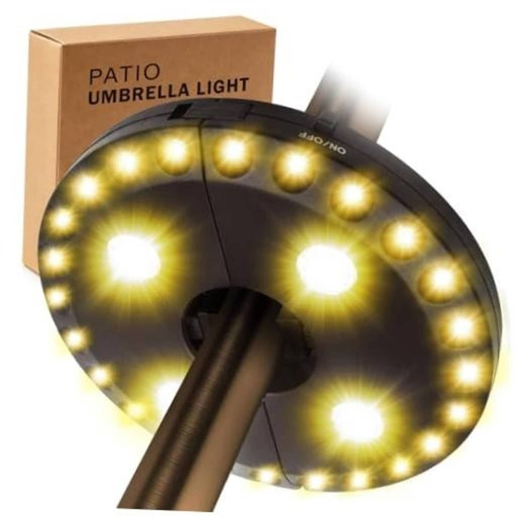 Patio umbrella light with warm white LED ring and black clamp base, cordless design