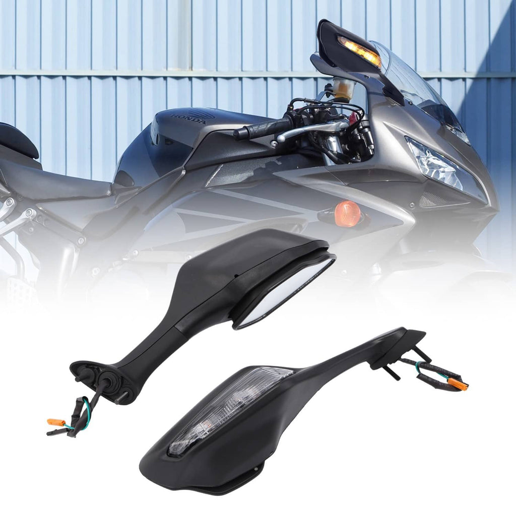 Motorcycle rearview wing mirror set with LED turn signal lights, shown on motorcycle.