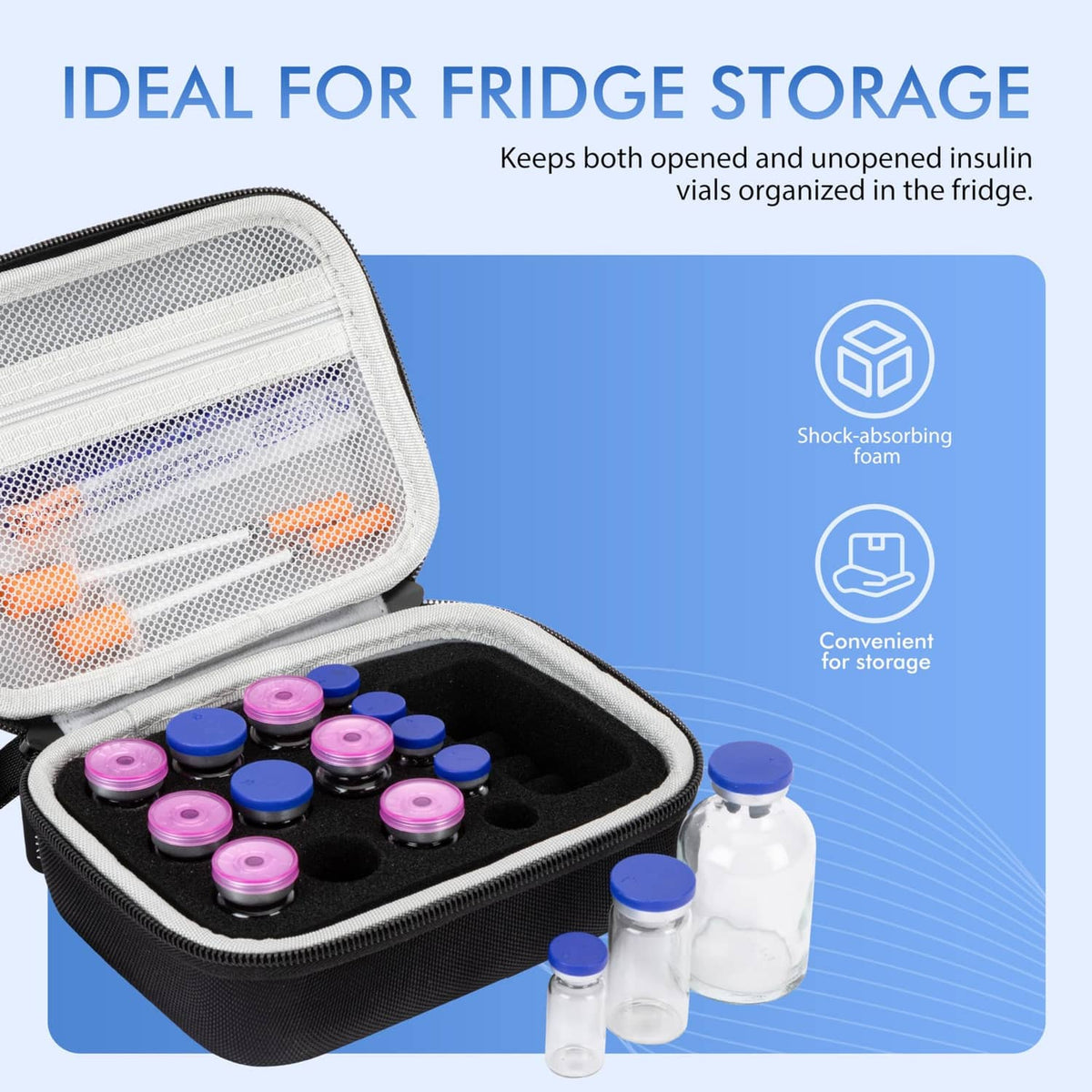 Insulated vial storage case with open top, foam insert, and vial bottles inside