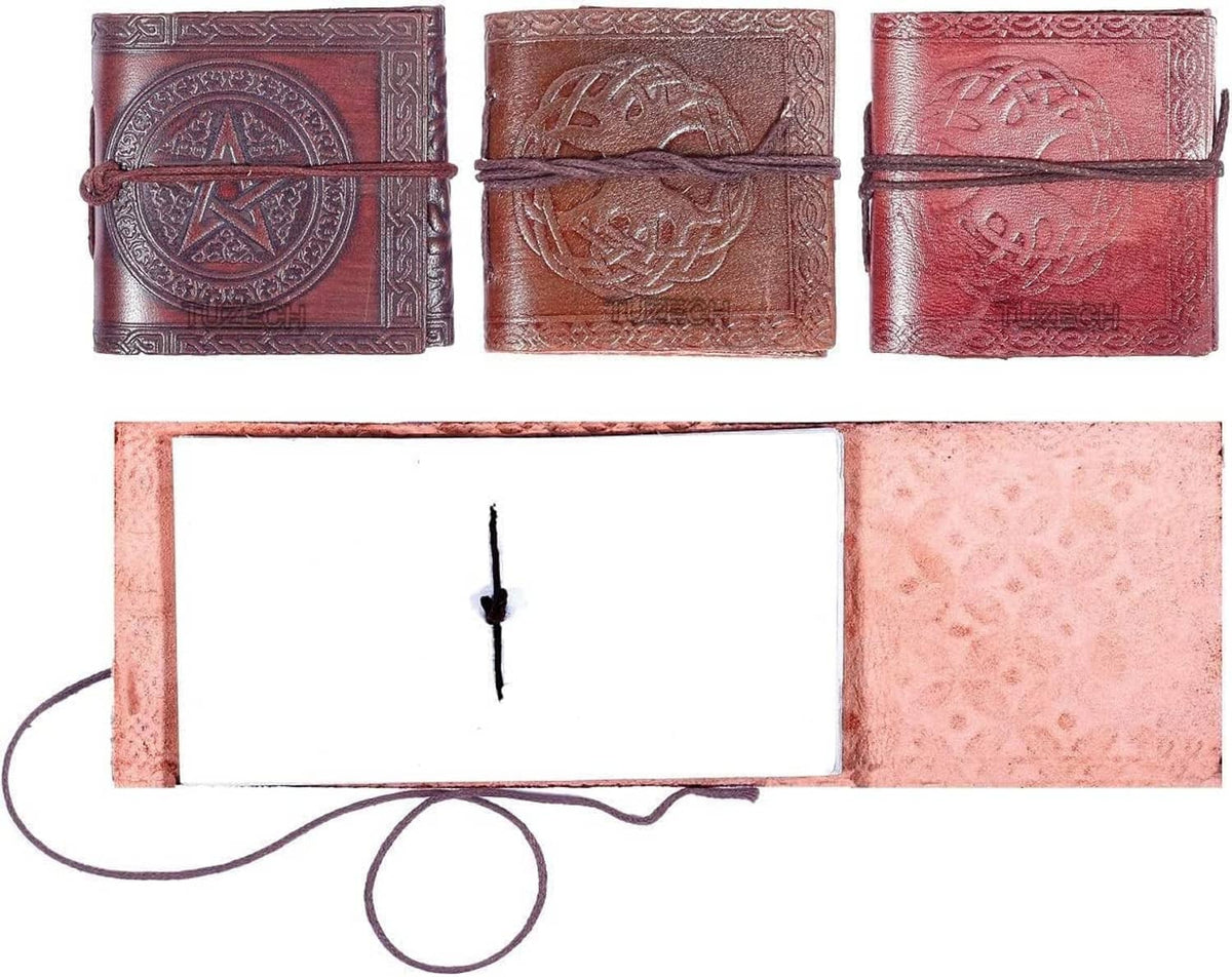 Embossed leather mini pocket notebook set with blank white pages and dangling tie cord