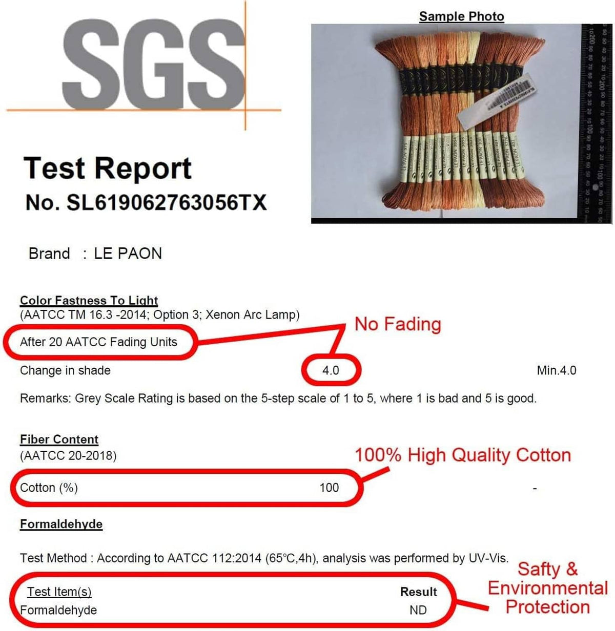 Printed test report document for embroidery thread with SGS heading and cotton contents