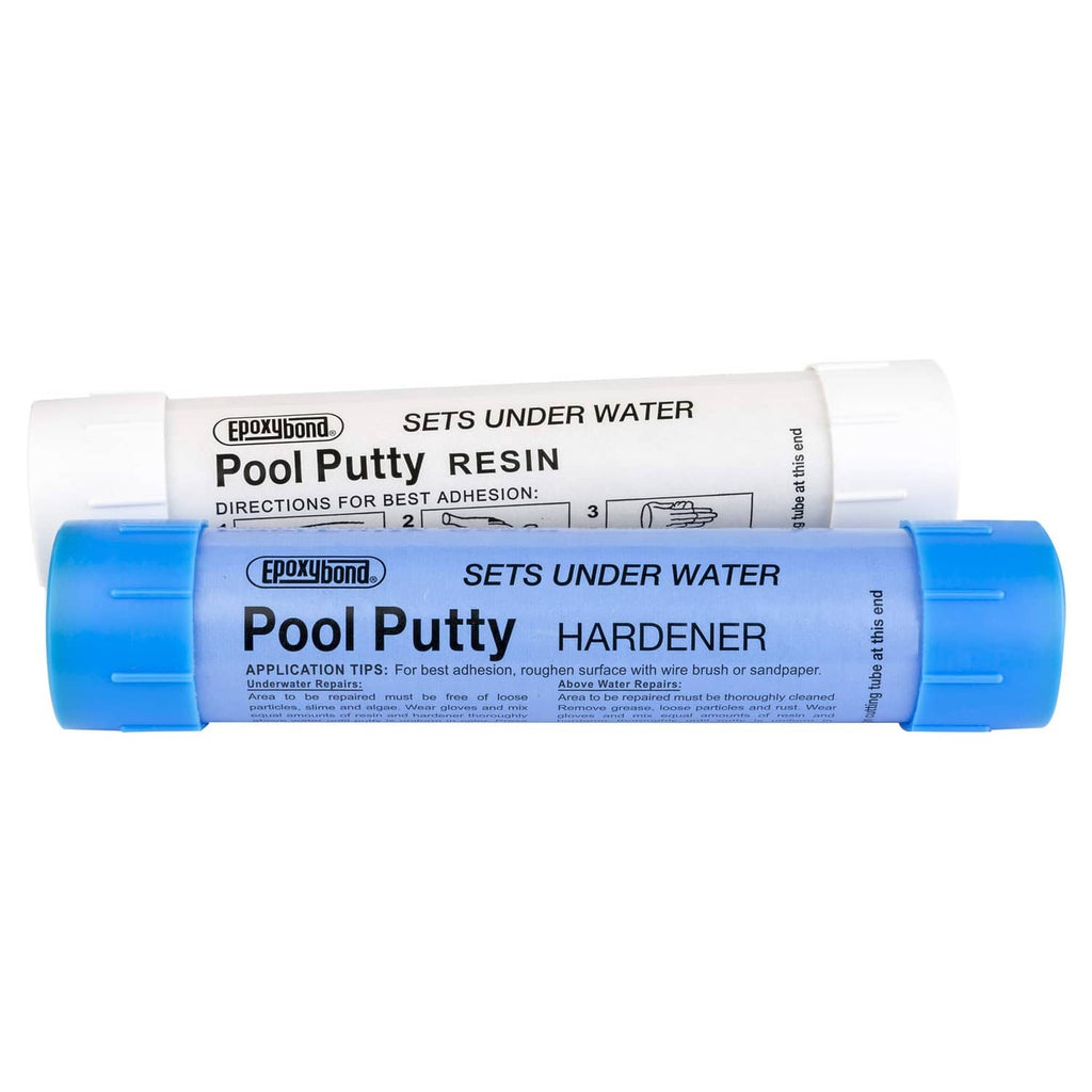 2-part pool putty resin hardener tubes, sets under water, white and blue