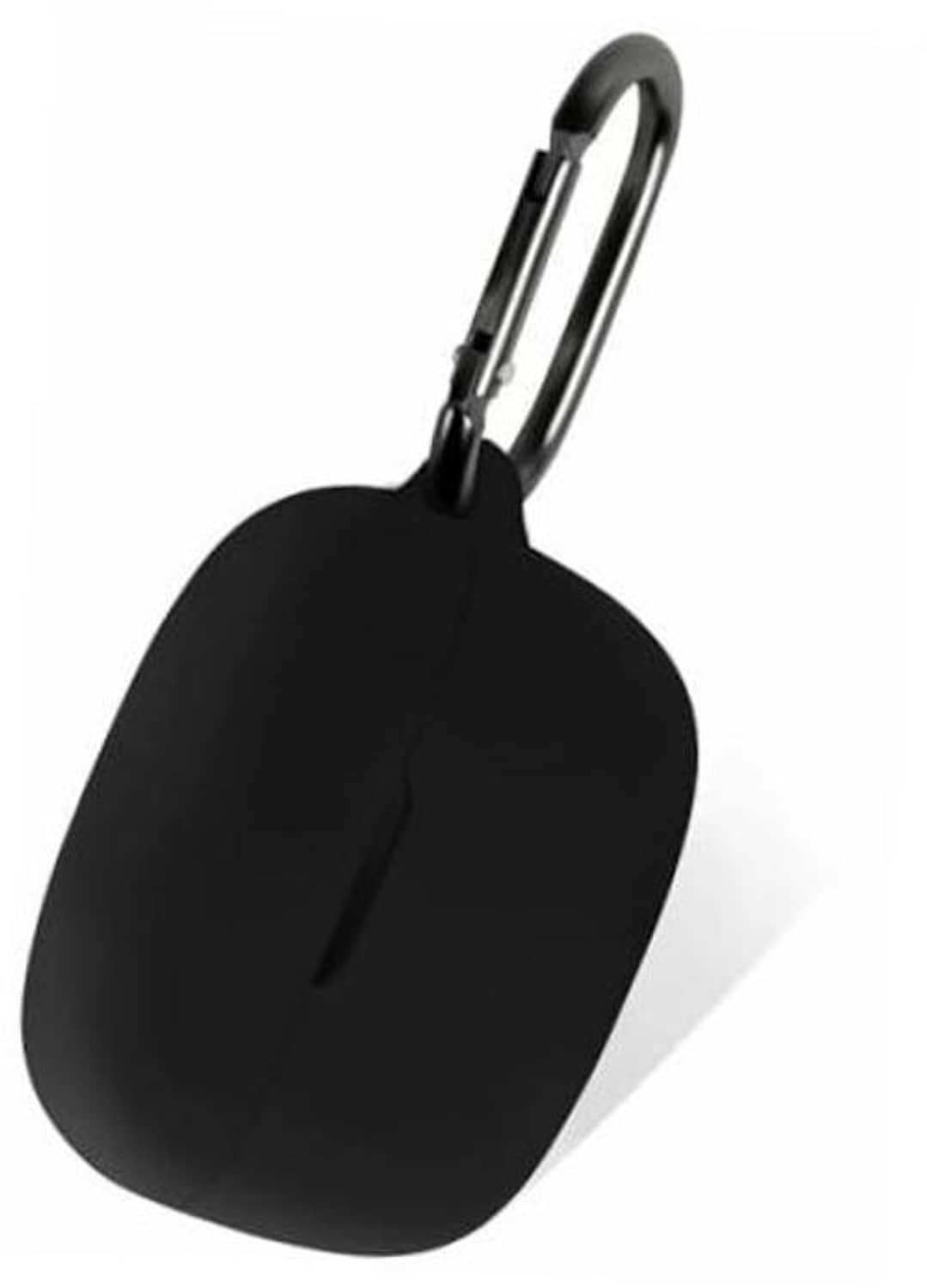 Black silicone carrying case with hinged lid and keyring loop for earbuds