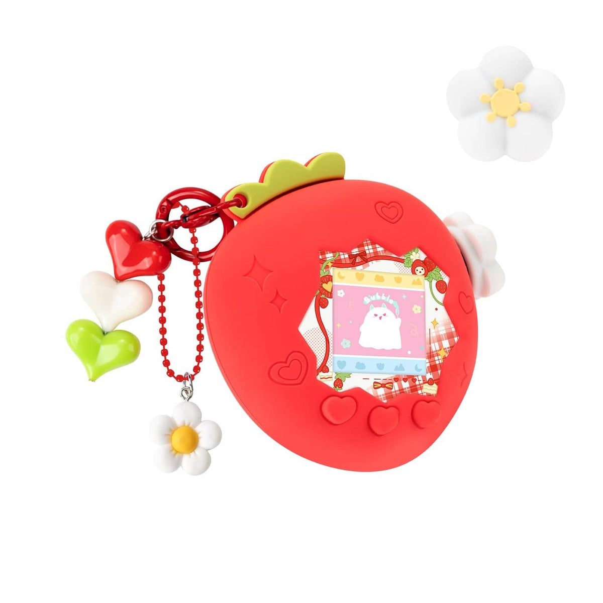 Red bubble protective case with strawberry charms and strap for Tamagotchi Paradise