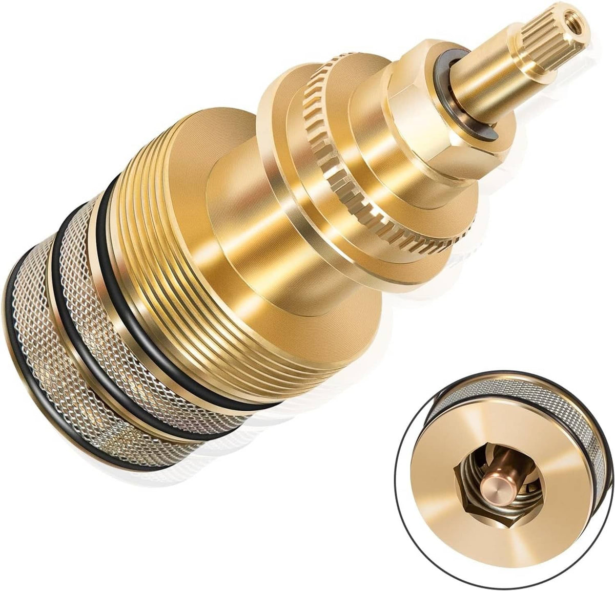 Brass thermostatic water valve cartridge with knurled end and circular inlet opening