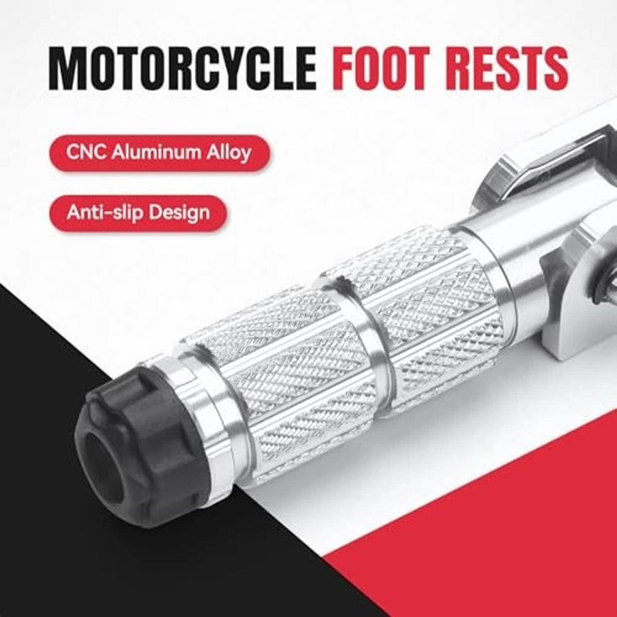 Close-up of silver textured motorcycle foot peg with black anti-slip pedal end