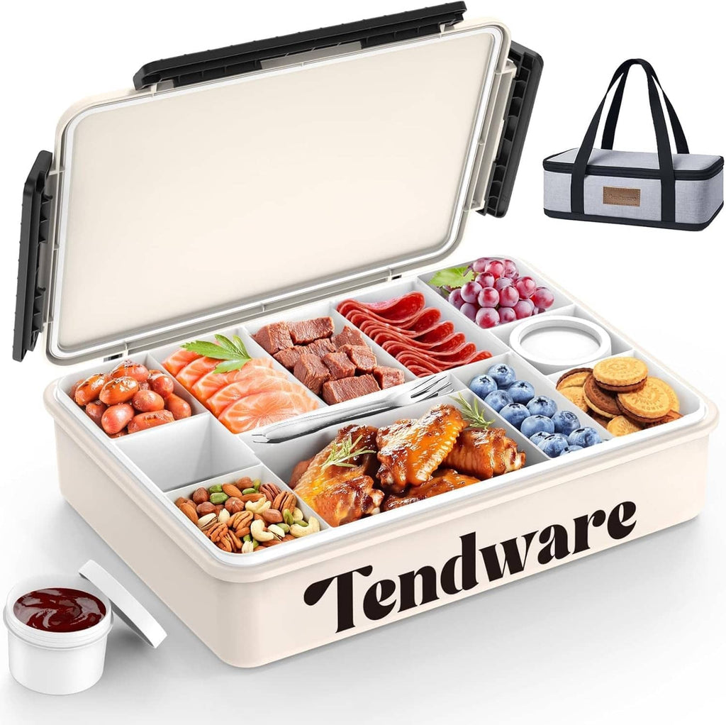 Cream insulated snack box with open lid and divided compartments, Tendware logo