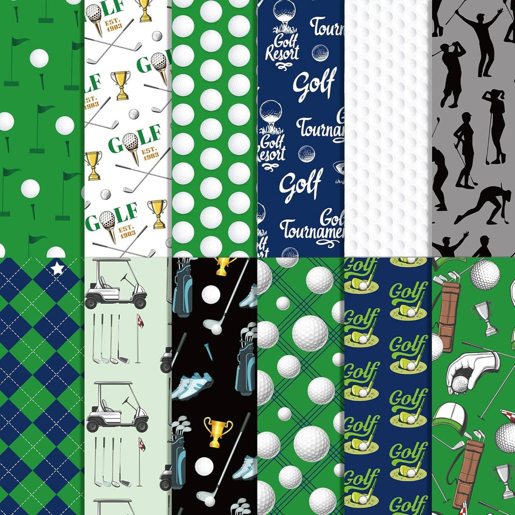 Golf scrapbook paper assortment with green polka dots, tee and flag icons, and golf silhouette designs