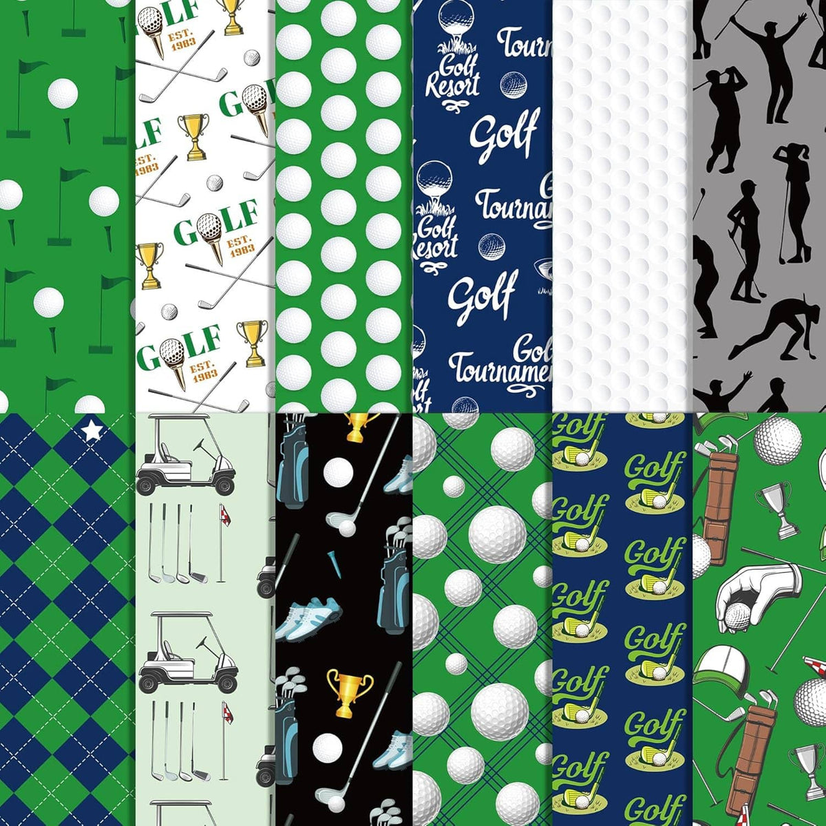 Golf scrapbook paper assortment with green polka dots, tee and flag icons, and golf silhouette designs