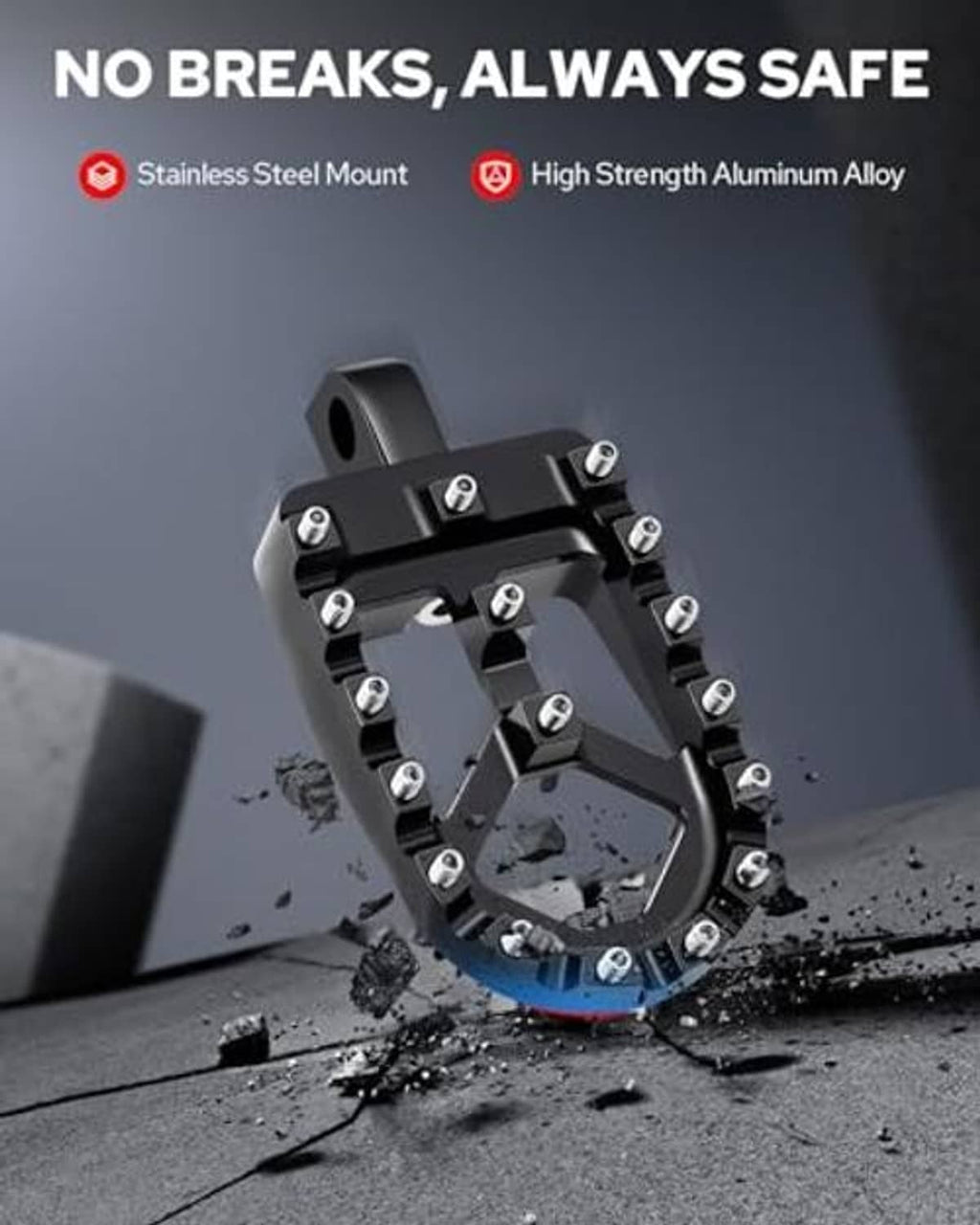 Black motorcycle foot peg with serrated edges and metal mounting bracket