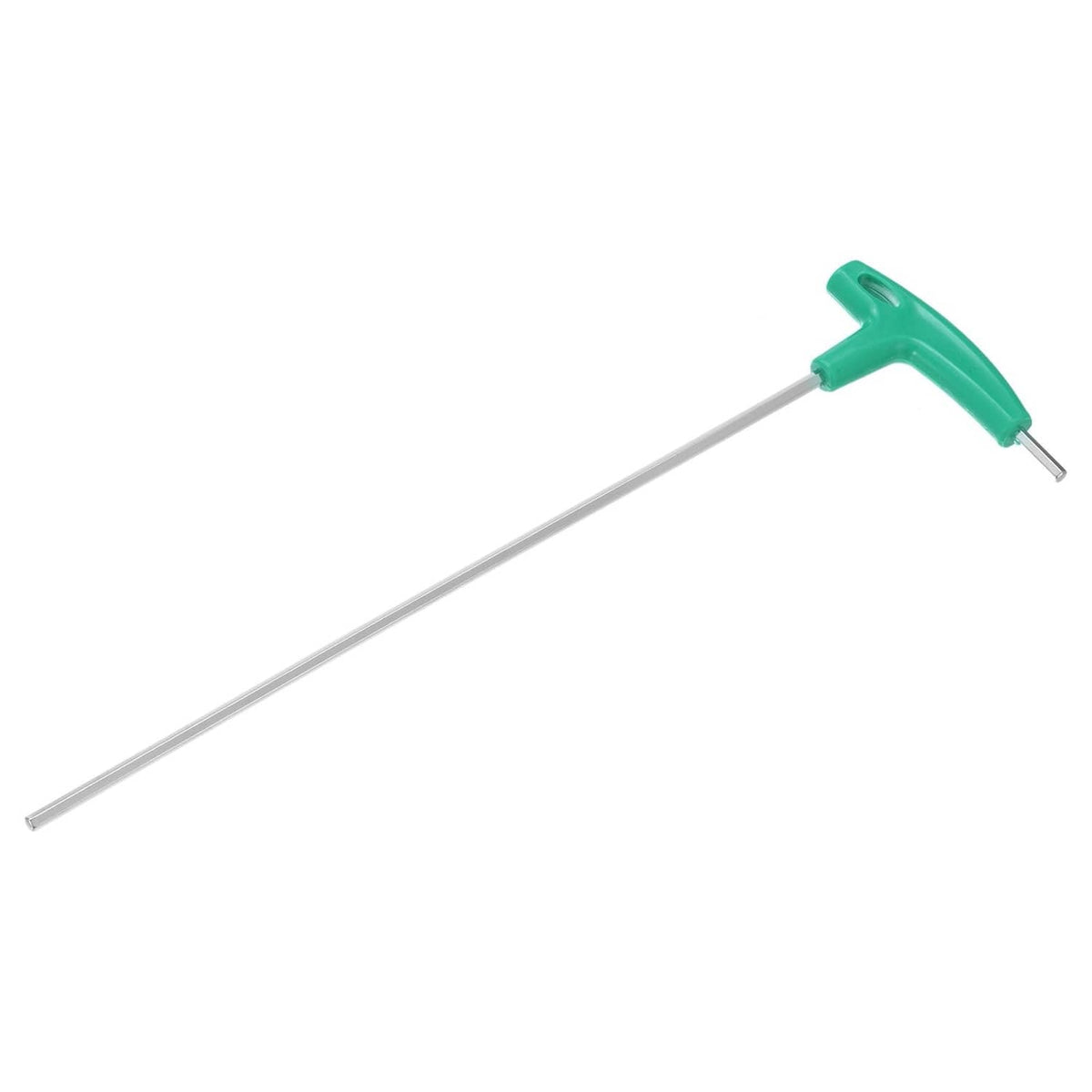 Turquoise T-handle hex key wrench, side view of long metal arm and short leg