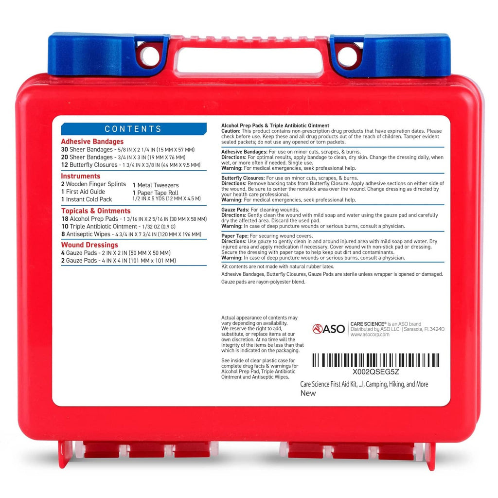 Back of red and blue first aid kit case with contents list and label panel