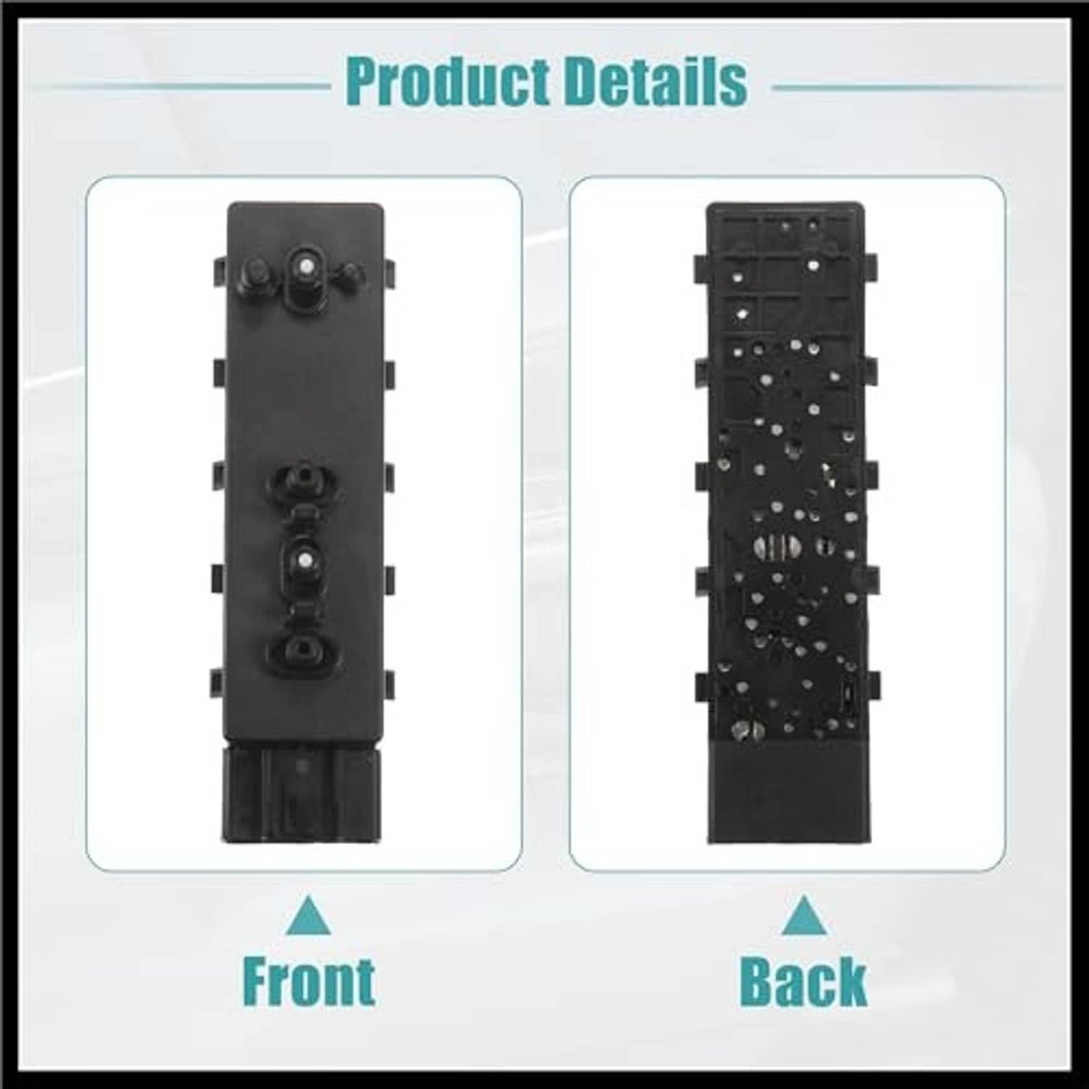 Black power seat switch control module with front and rear sides, pin board connector