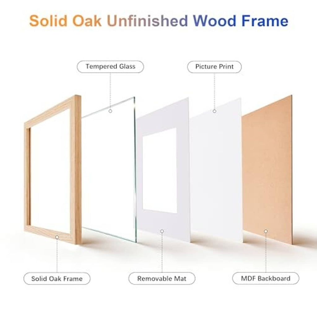 Unfinished solid oak 5x7 picture frame with tempered glass, removable mat, MDF back
