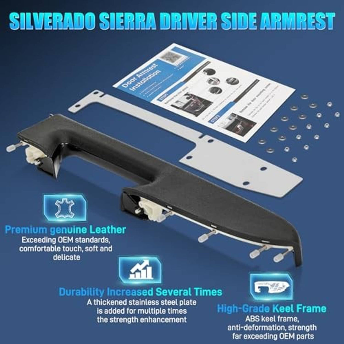 Black driver-side door armrest handle with installation hardware and accessory plate