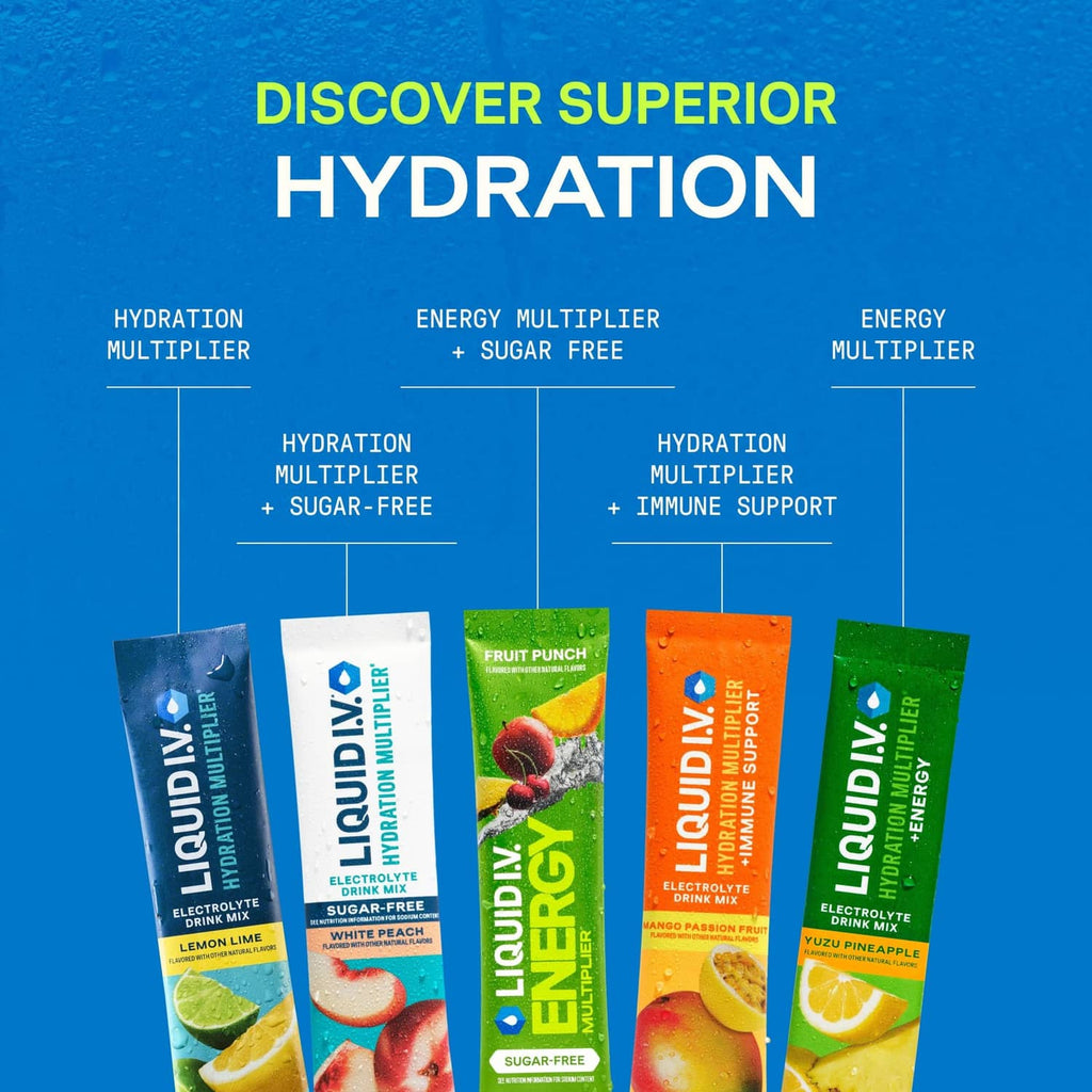 Liquid I.V. hydration and energy multiplier pouches lineup, including sugar-free mango pineapple