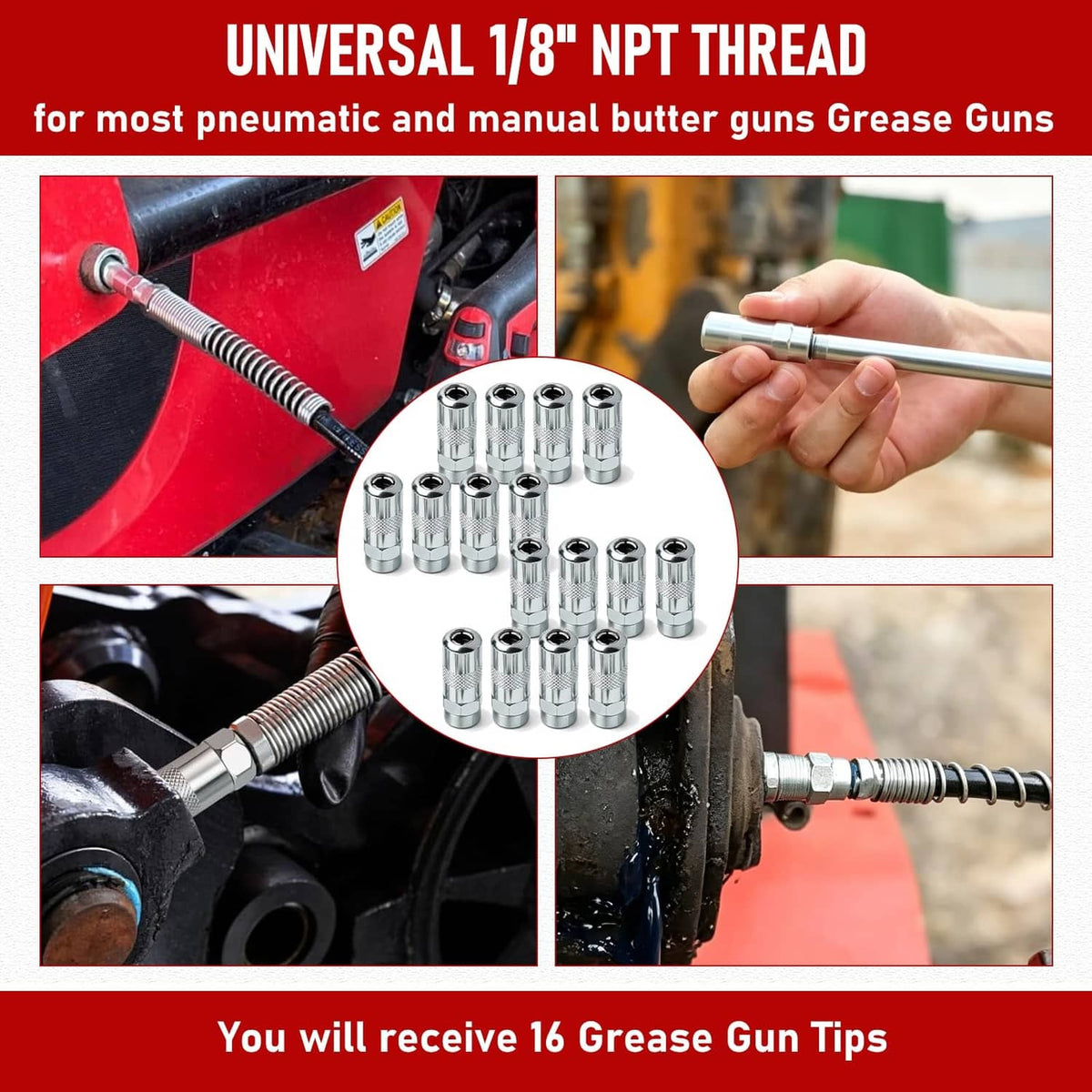 Steel 1/8 NPT grease gun coupler tips, 16-piece set with hex socket ends