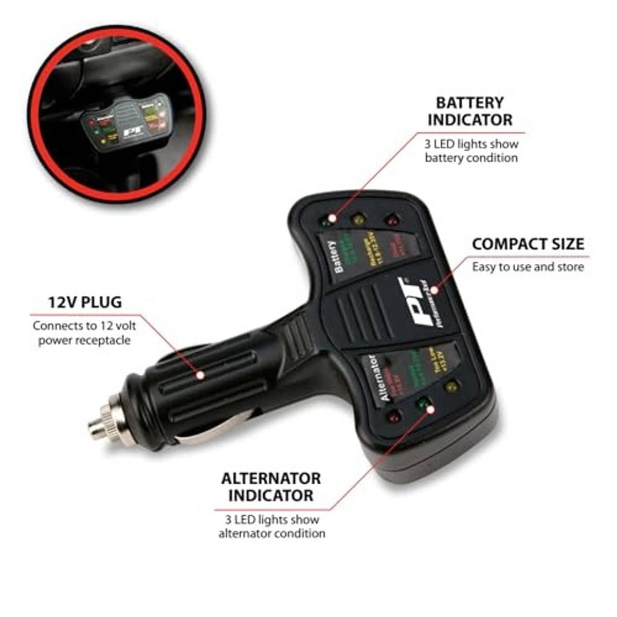 Black battery and alternator tester with 12V plug and LED battery/alternator indicators