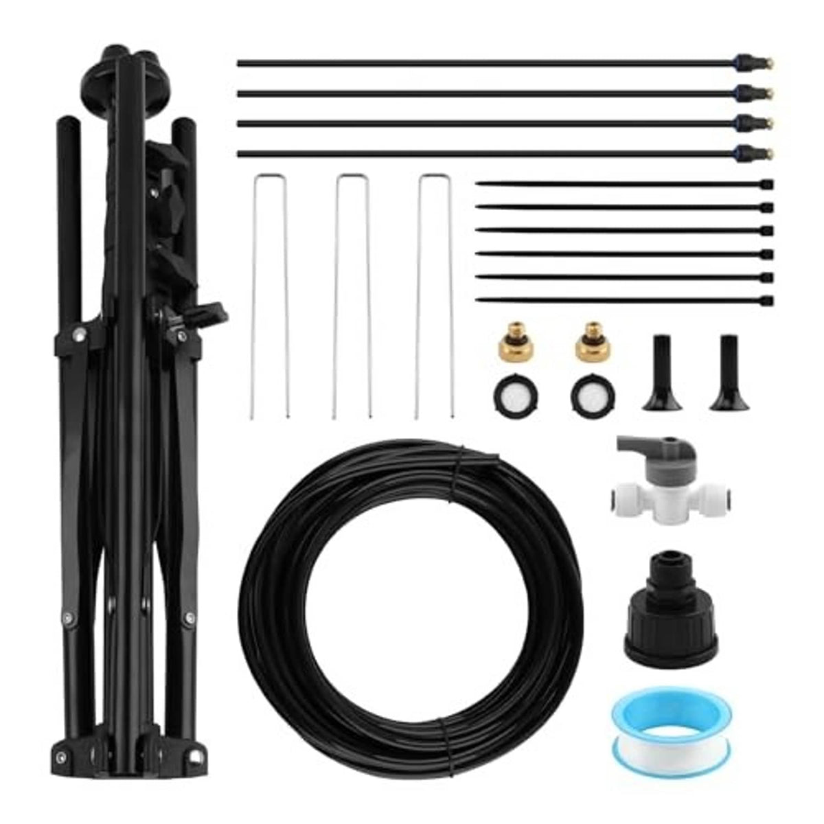 Folded patio misting stand kit with black hose coil, nozzles, and adapter fittings