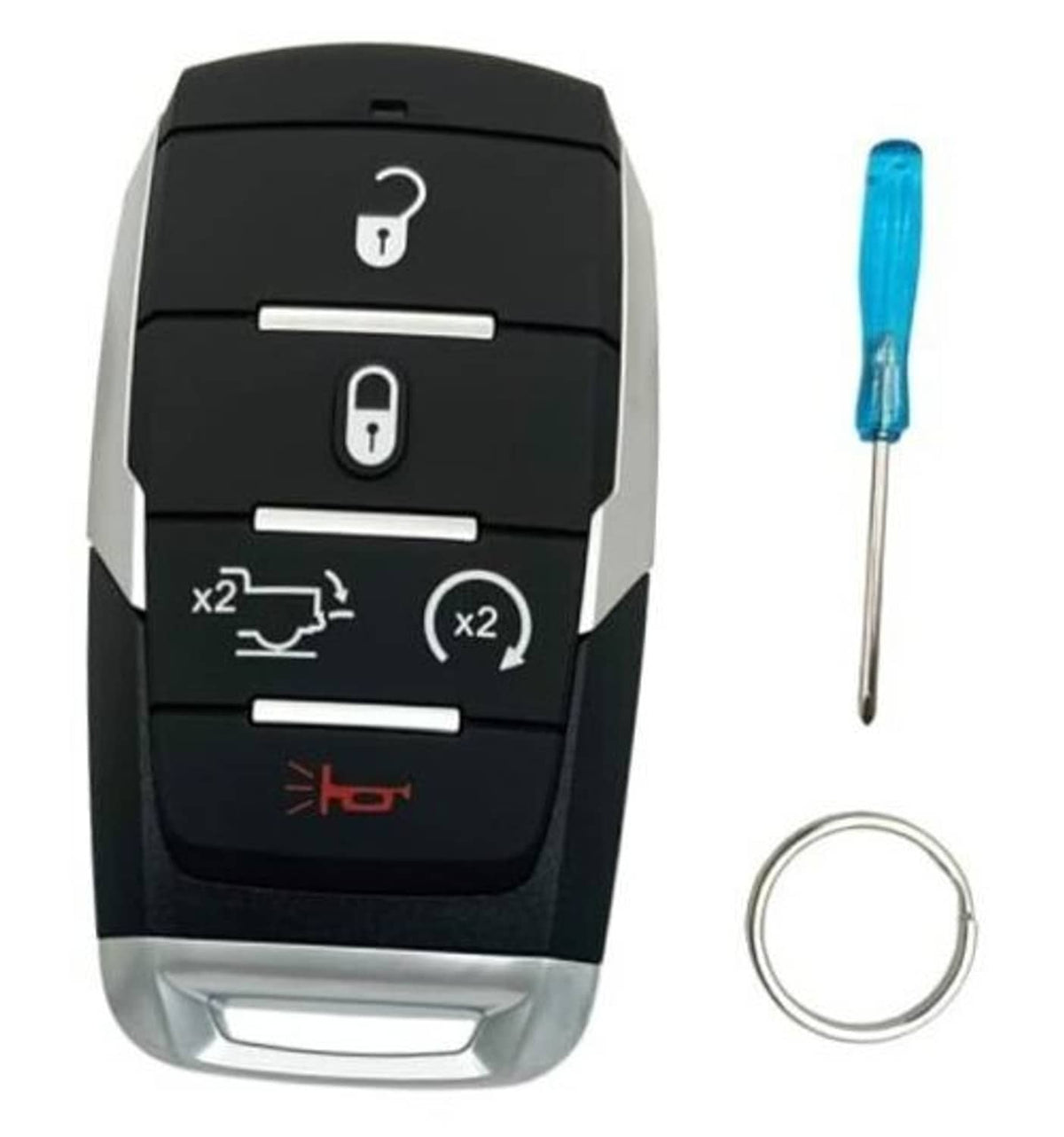 Black smart key fob cover shell, 5-button layout; includes key ring and screwdriver