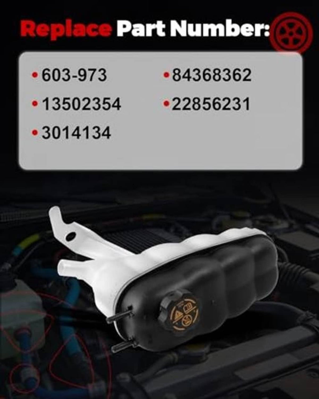 Coolant reservoir tank with cap, white reservoir with black cap and mounting area