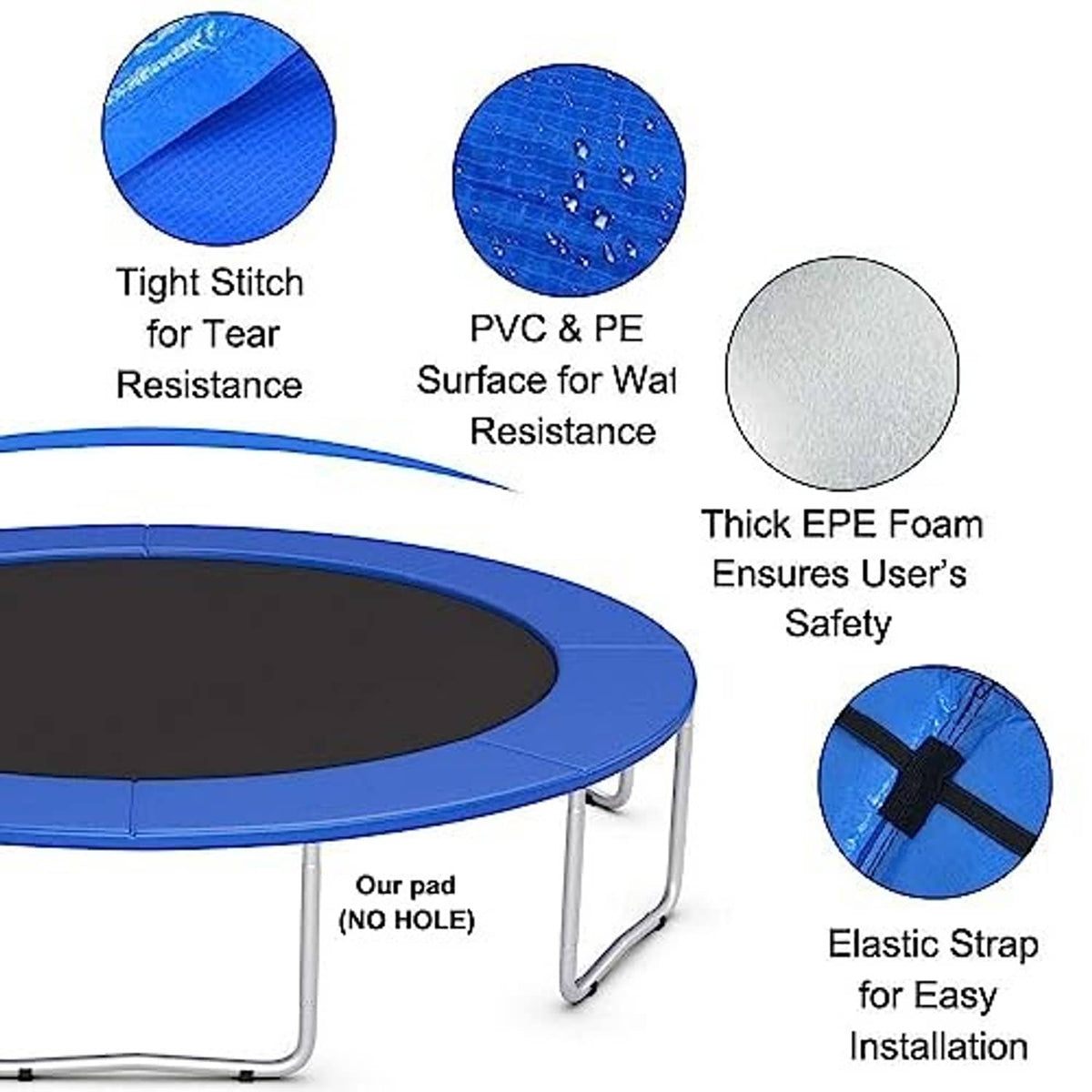Blue trampoline spring cover pad with tight seam stitching and elastic strap tabs