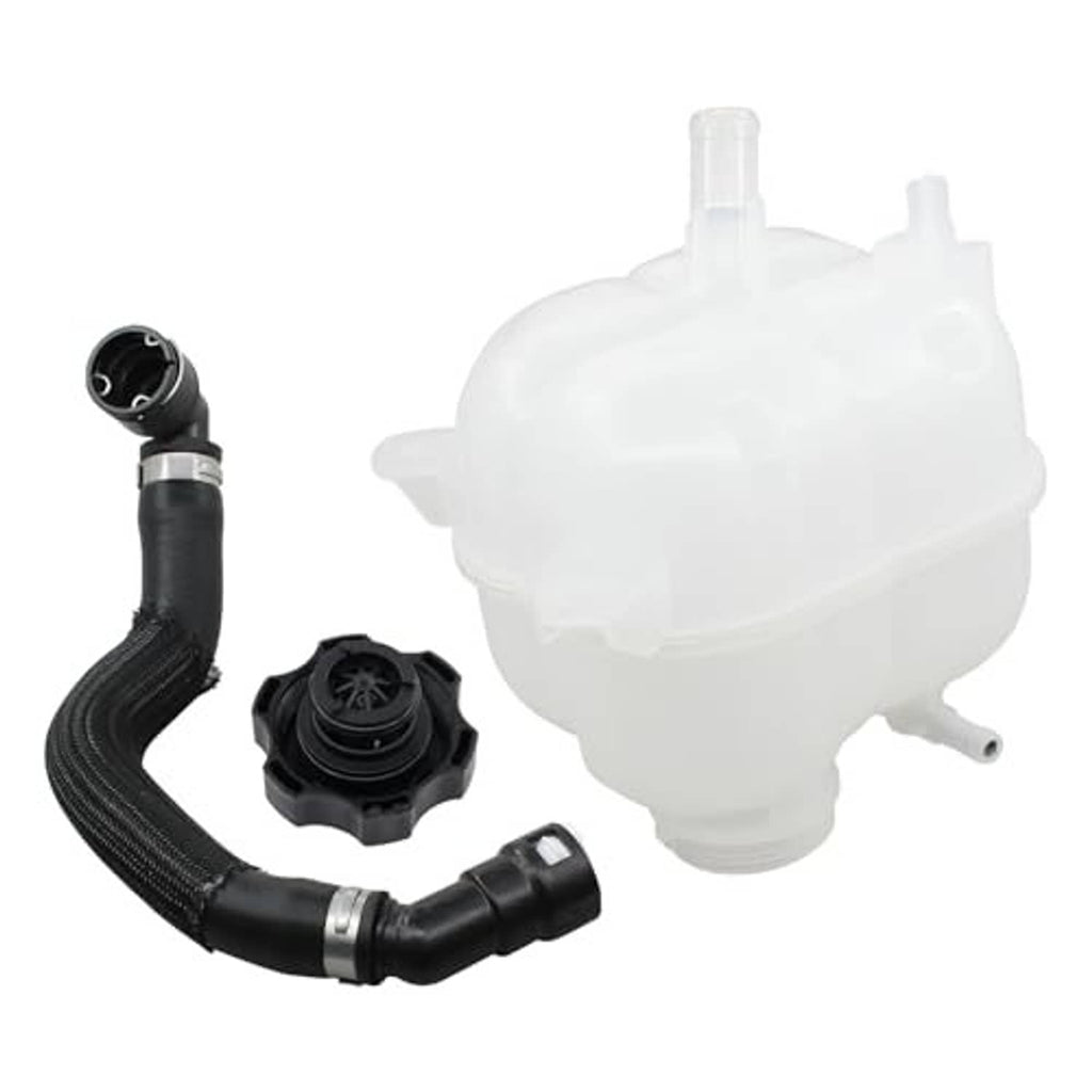 Coolant expansion tank kit with black hose, black cap parts, and white reservoir