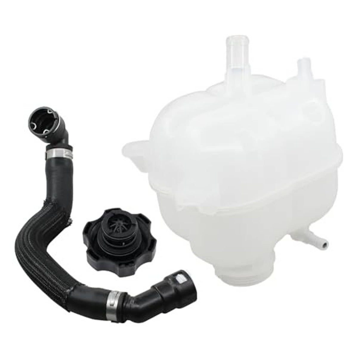Coolant expansion tank kit with black hose, black cap parts, and white reservoir